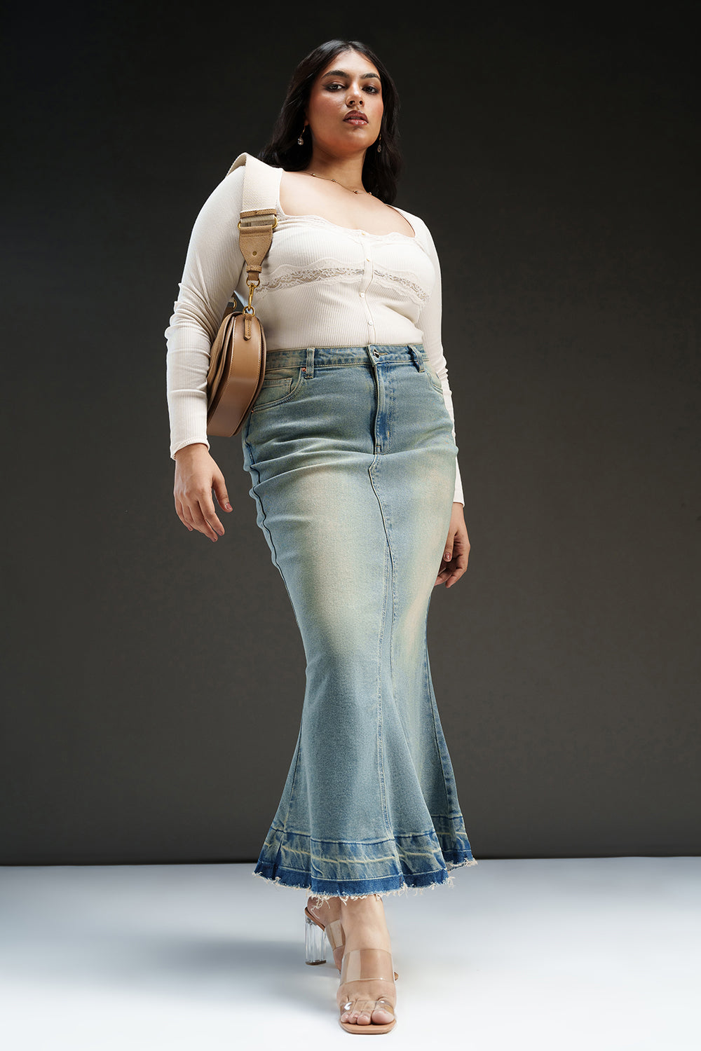 Antique Fade Curve Denim Mermaid Skirt