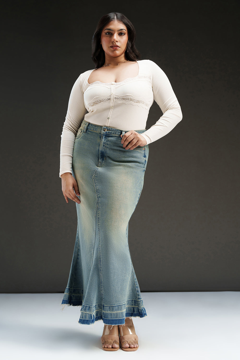 Antique Fade Curve Denim Mermaid Skirt