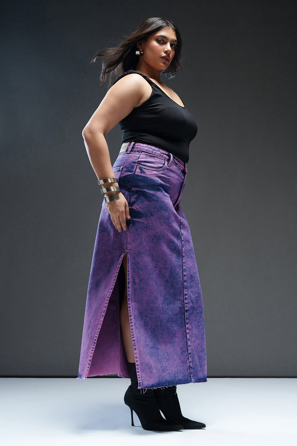 Purple Glam Curve Denim Side Slit Maxi Skirt