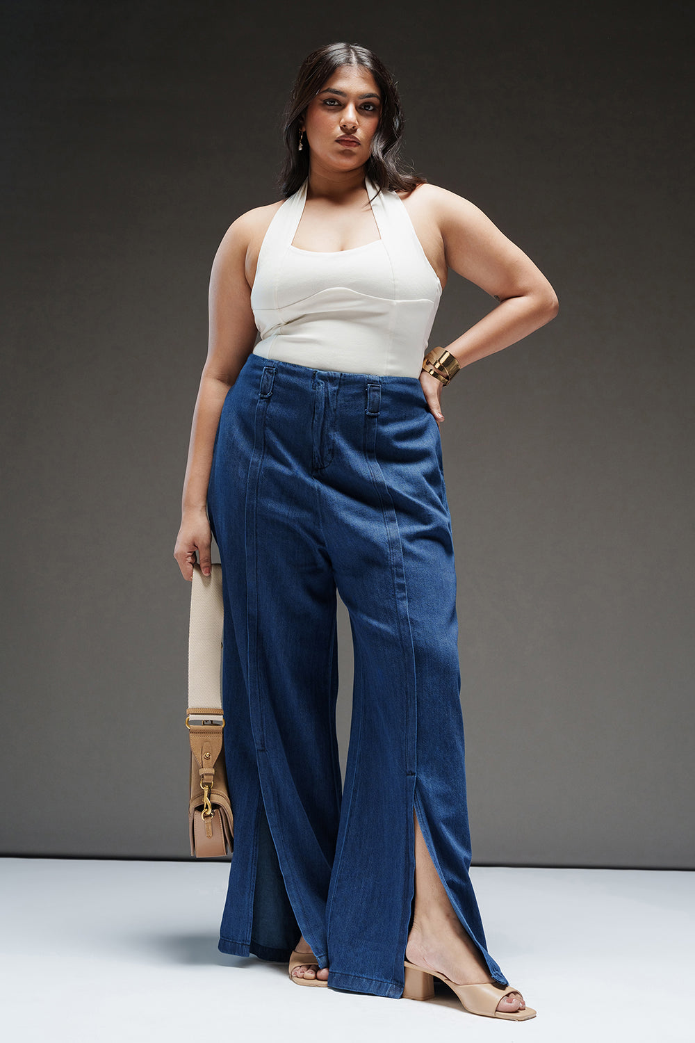 Antique Indigo Curve Front Slit Denim Korean Pants