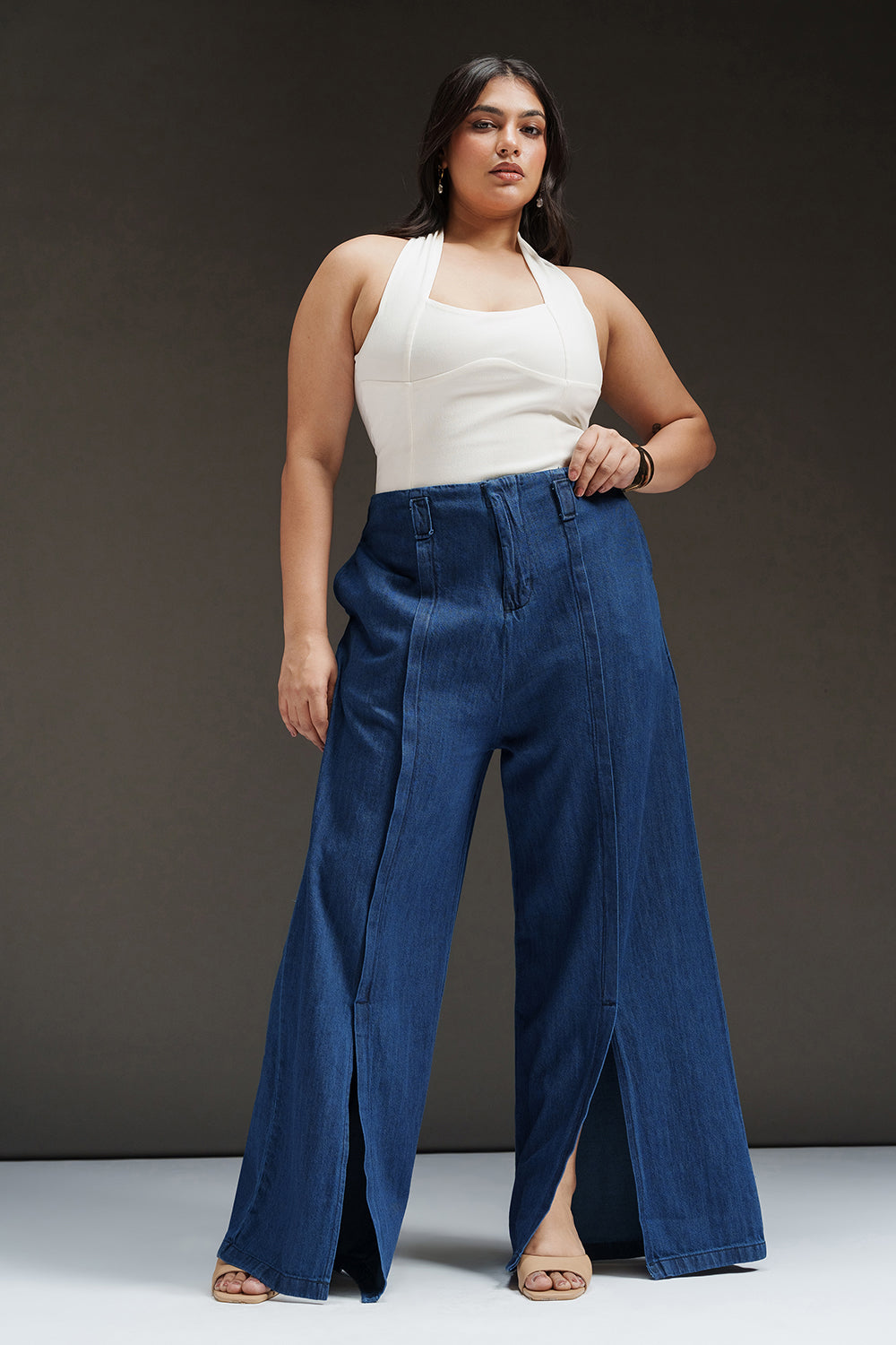 Antique Indigo Curve Front Slit Denim Korean Pants