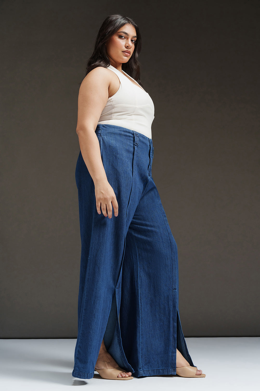 Antique Indigo Curve Front Slit Denim Korean Pants