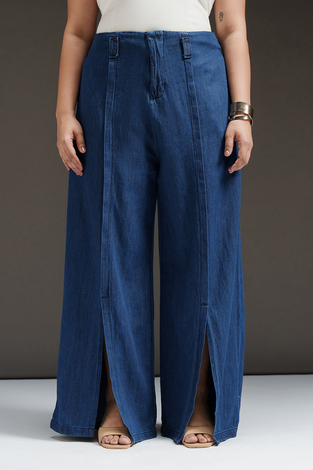 Antique Indigo Curve Front Slit Denim Korean Pants