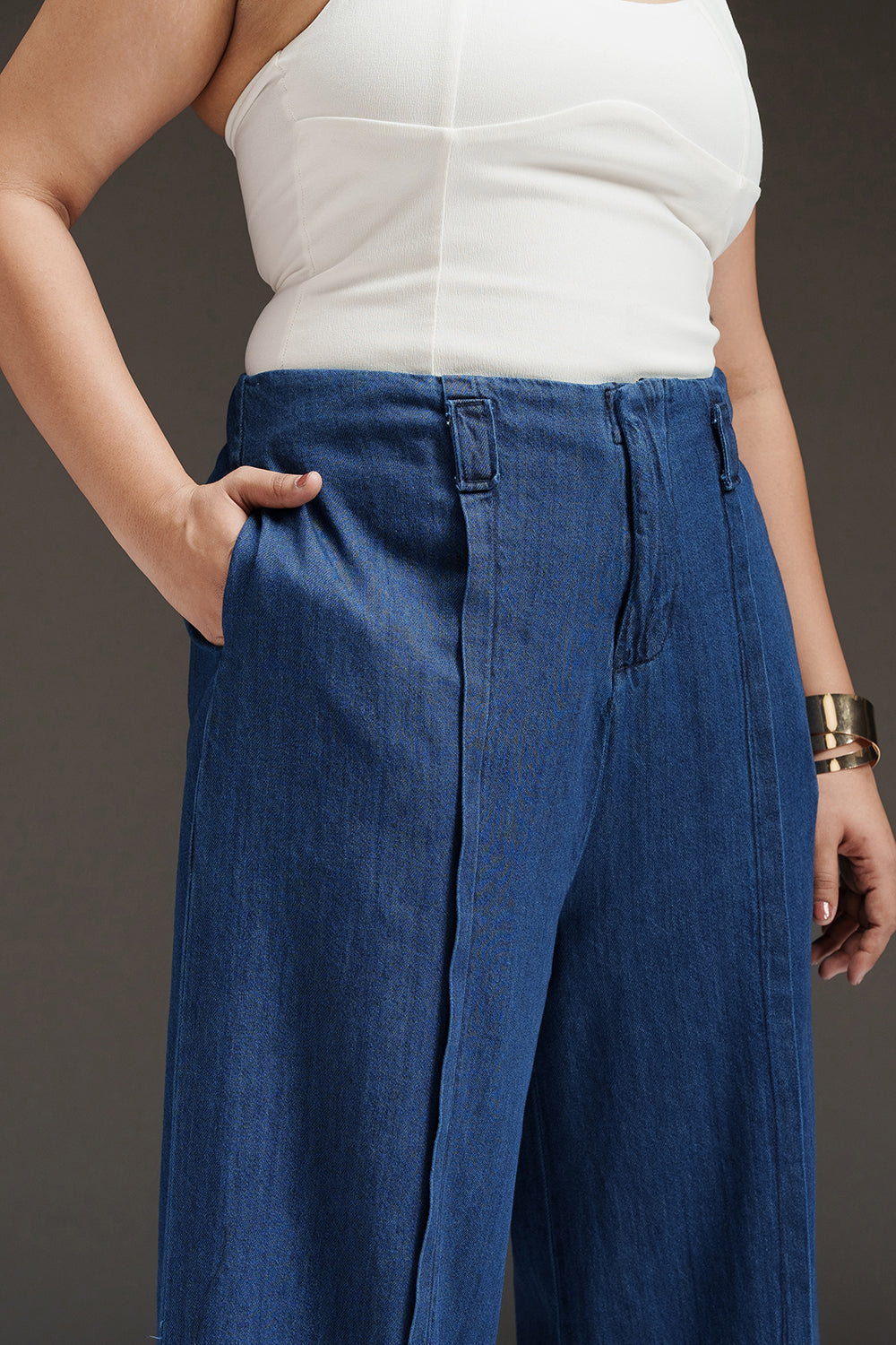 Antique Indigo Curve Front Slit Denim Korean Pants