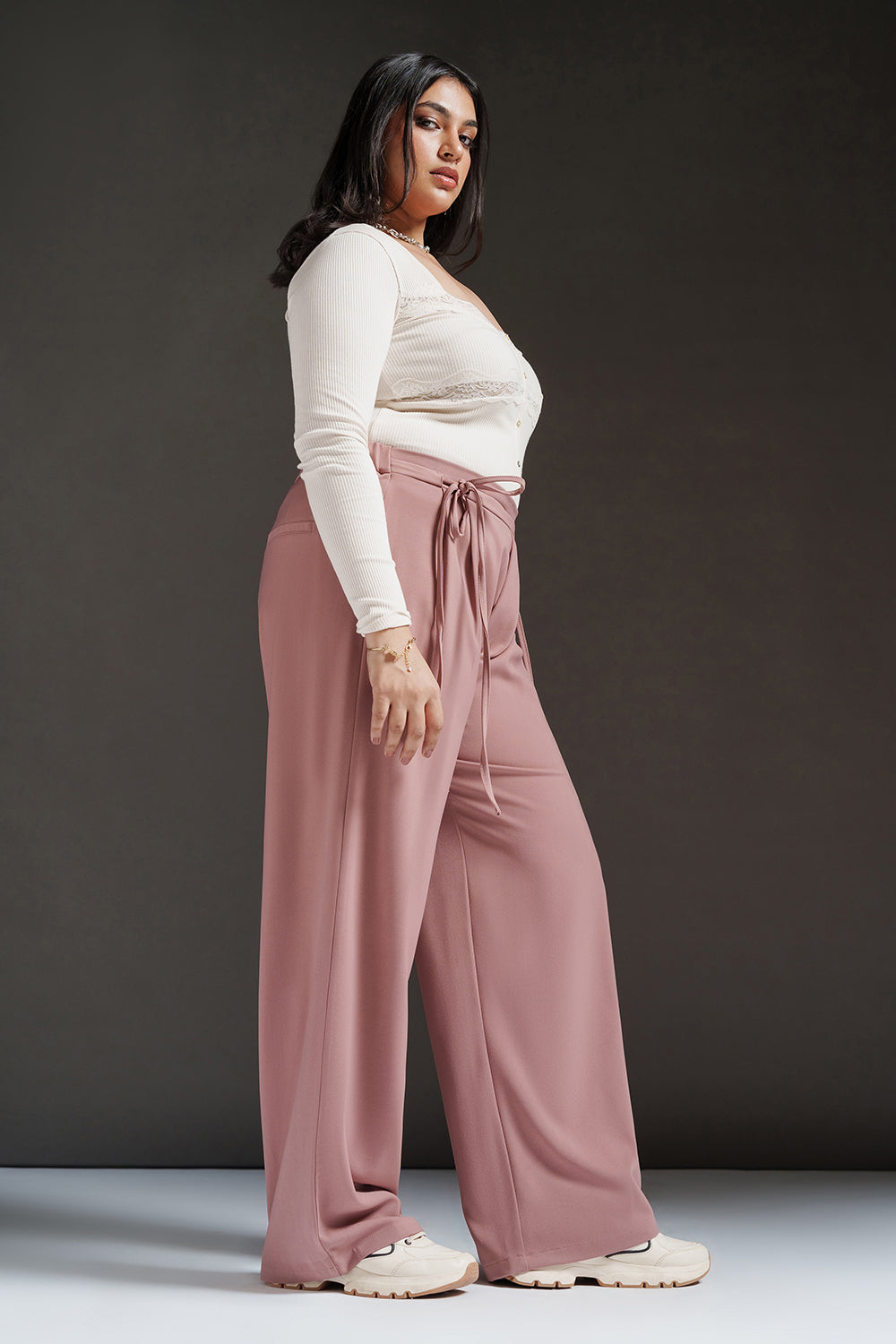 Pink Mousse Curve Tie-Up Korean Pants