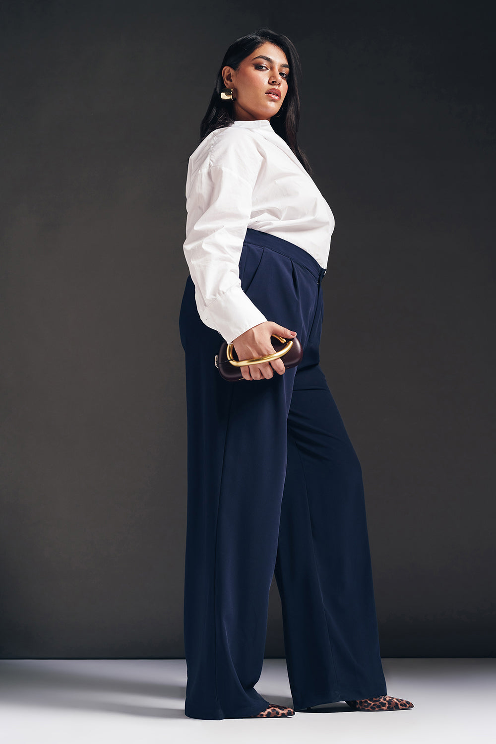 Regal Navy Curve Pleated Straight Fit Korean Pants