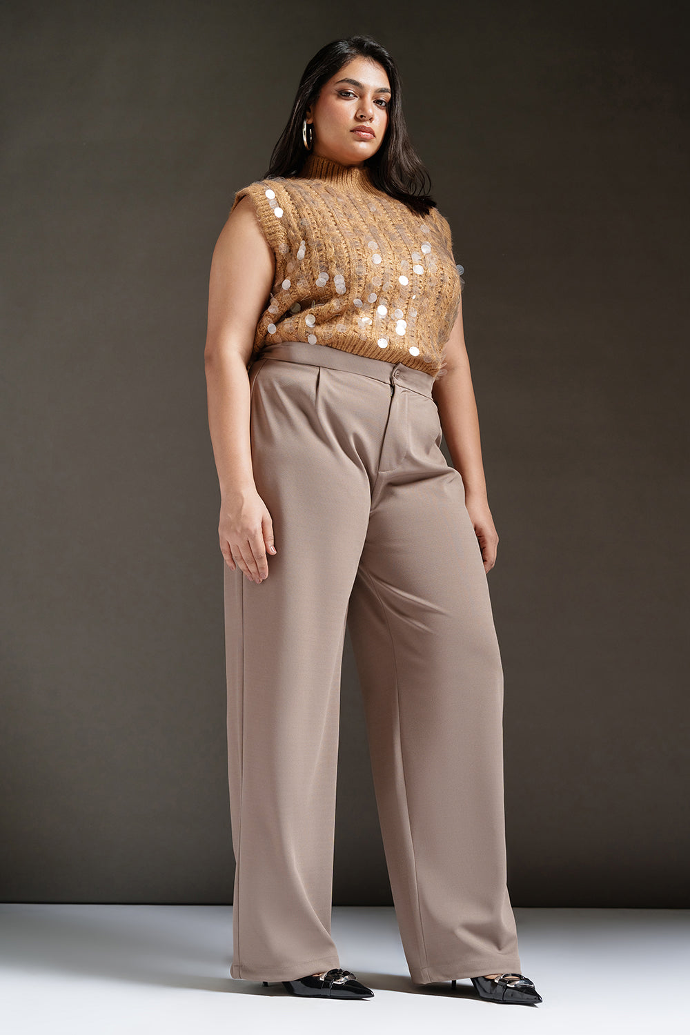 Dark Taupe Curve Textured Korean Pants