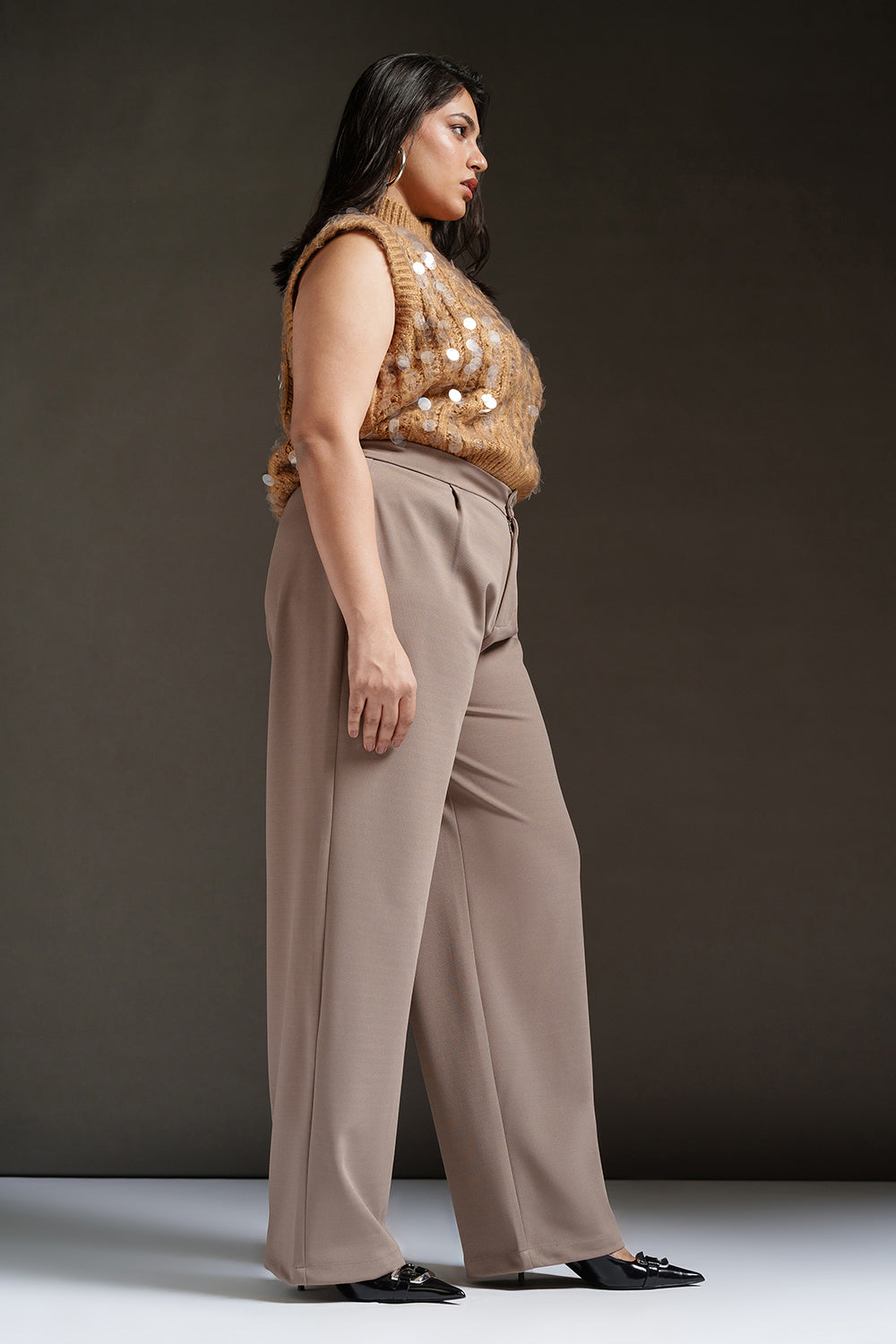 Dark Taupe Curve Textured Korean Pants