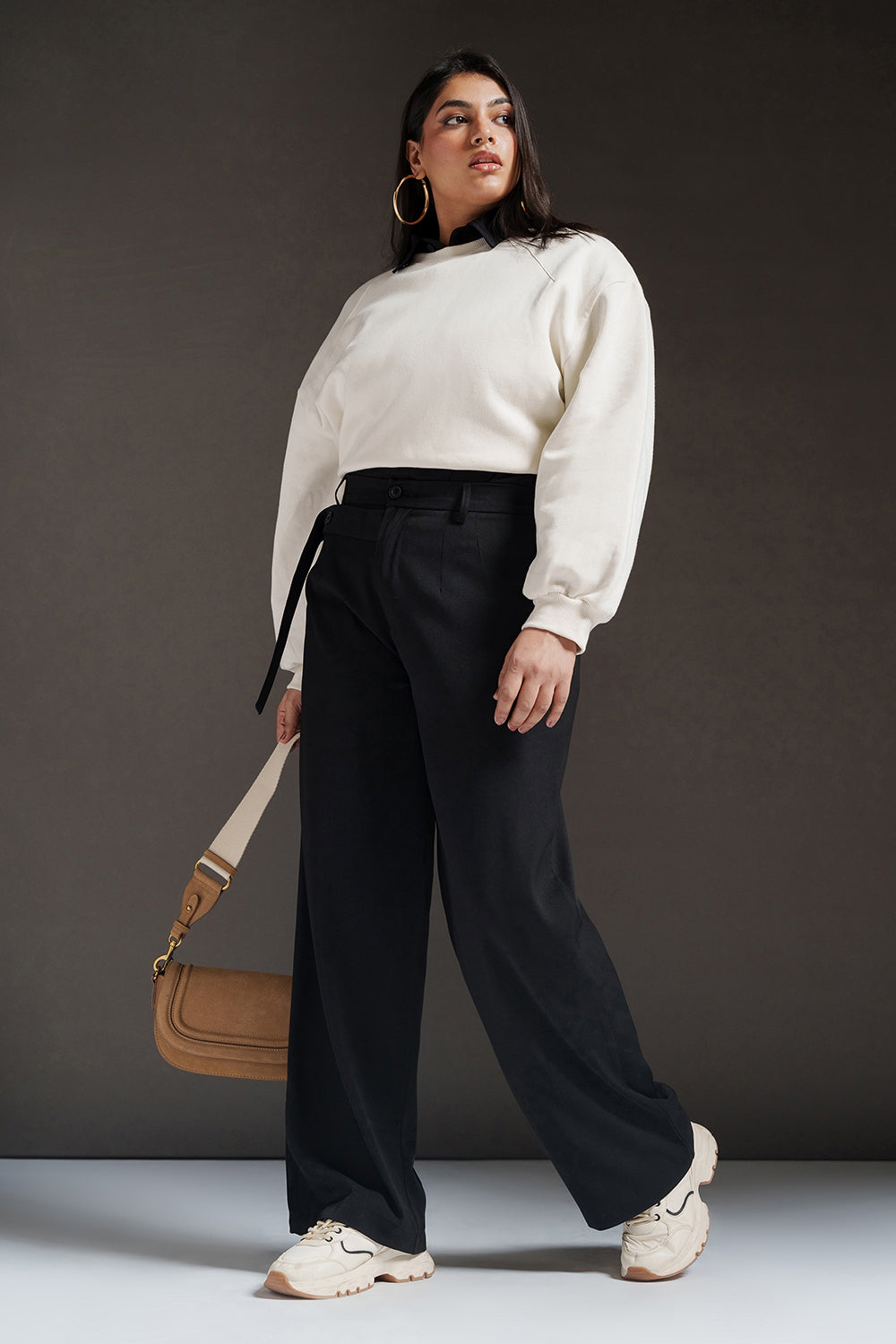 Black Quill Curve Strap Detailed Korean Pants