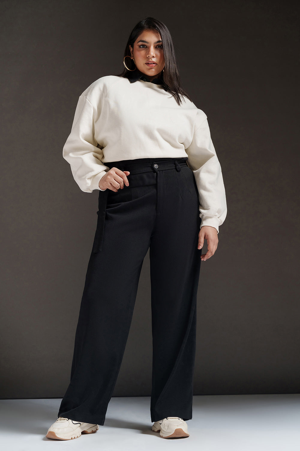 Black Quill Curve Strap Detailed Korean Pants