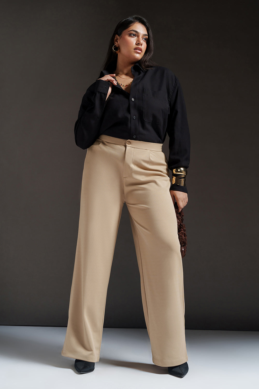 Dune Beige Curve Textured Korean Pants