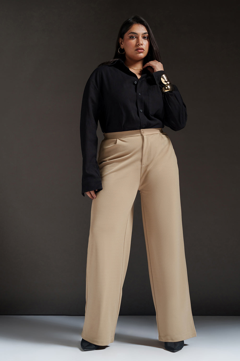 Dune Beige Curve Textured Korean Pants