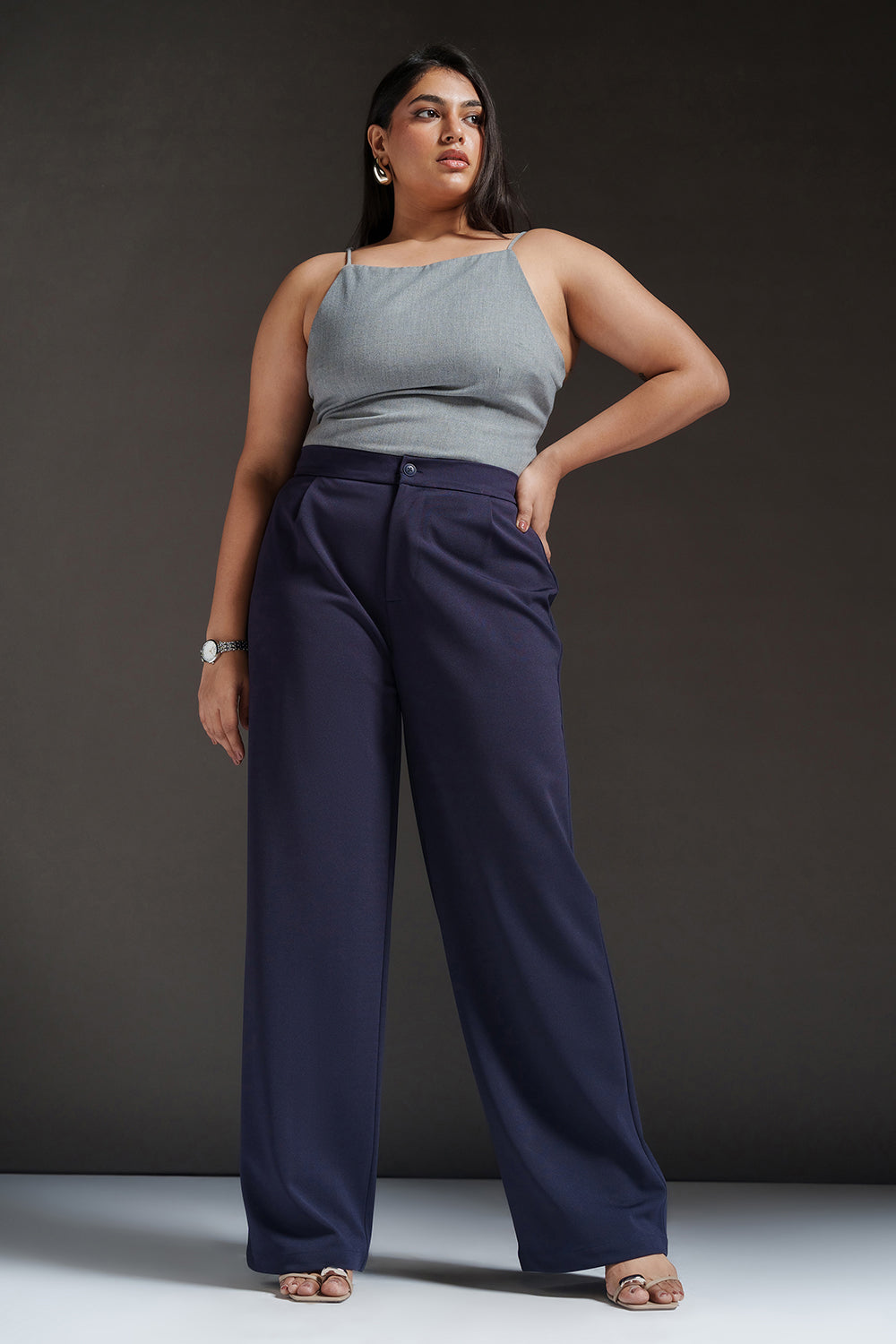 Cosmic Navy Curve Textured Korean Pants