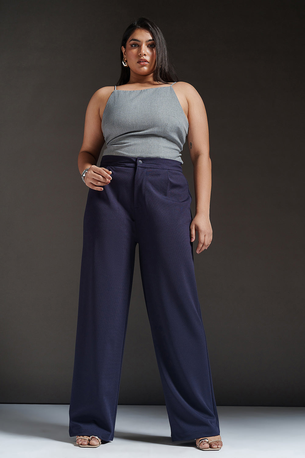 Cosmic Navy Curve Textured Korean Pants