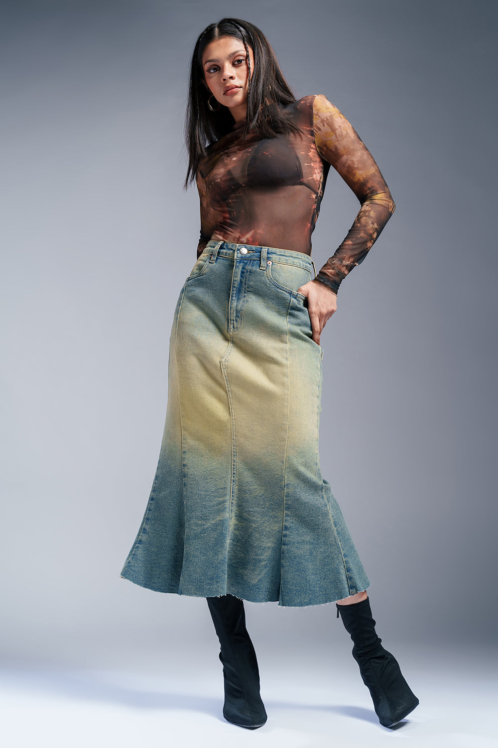 Retro Chic Blue Denim Mermaid Midi Skirt