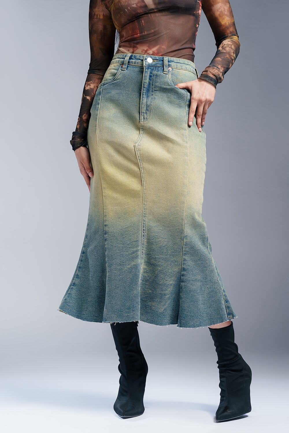 Retro Chic Blue Denim Mermaid Midi Skirt