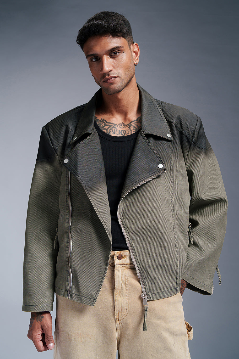 Midnight Sage Men's Oversized Biker Jacket