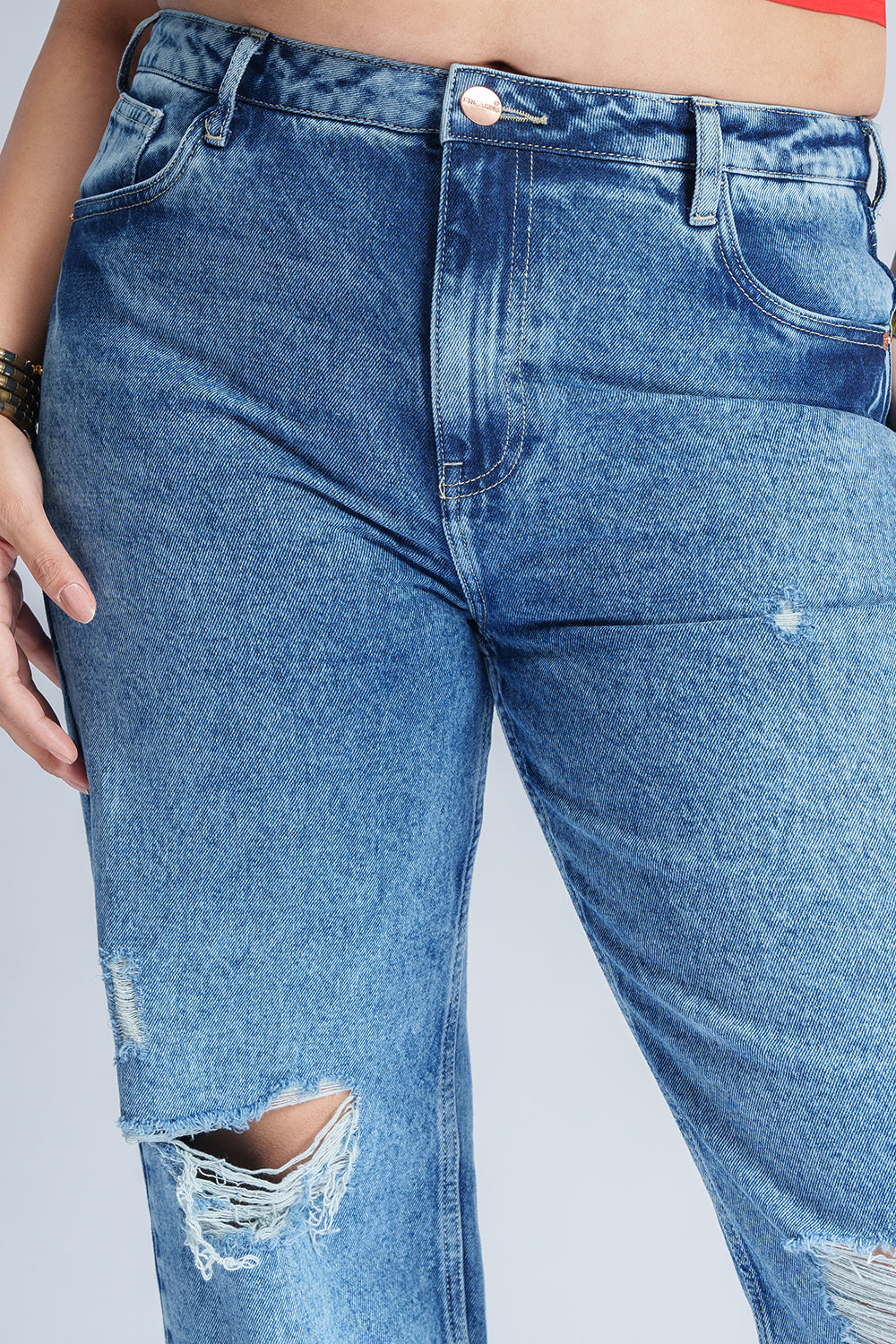 Tranquil Blue Distressed Curve Straight Fit Jeans