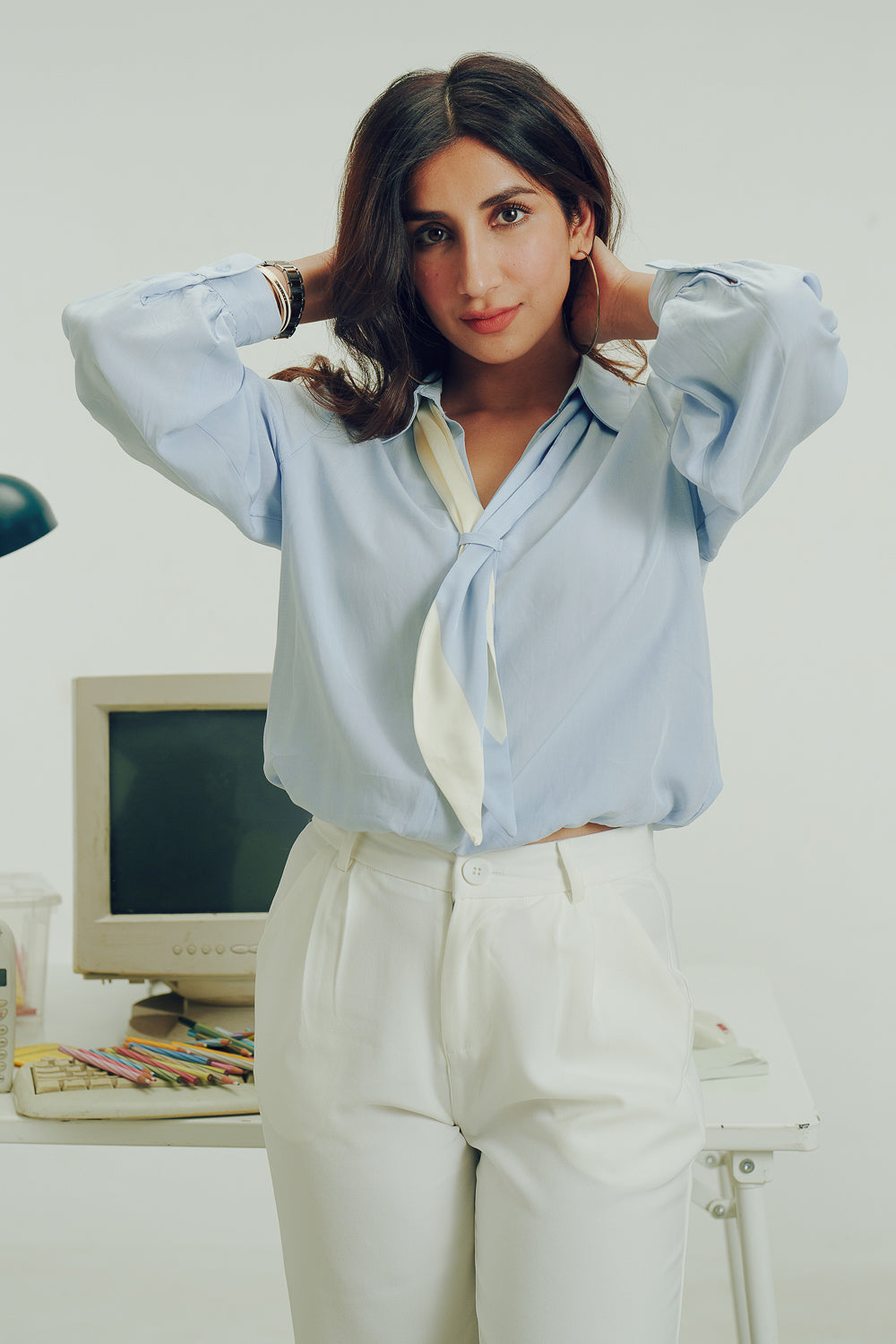 Pastel Blue Shirt With Ribbon Tie