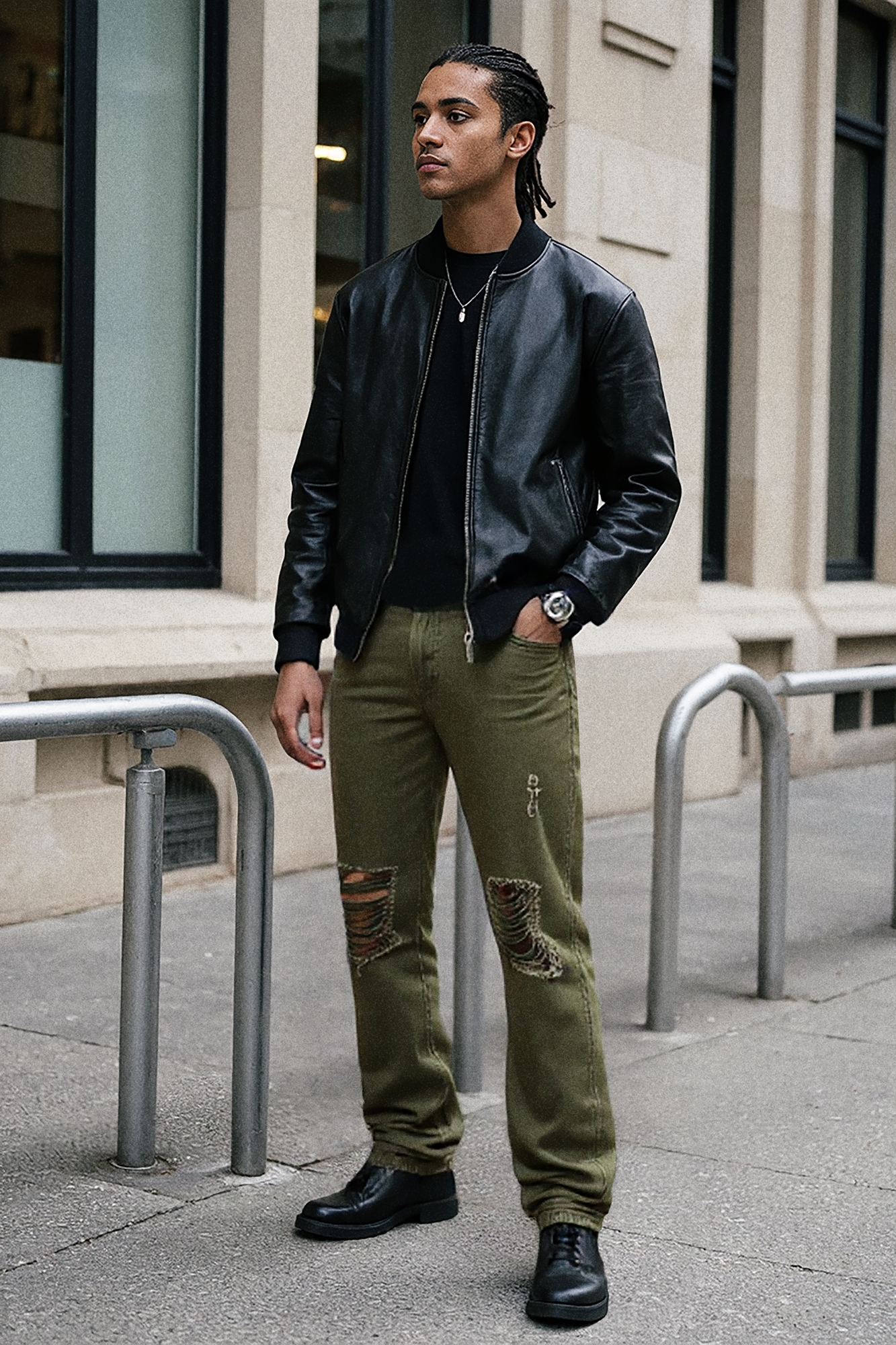 Rustic Green Distressed Men's Straight Jeans
