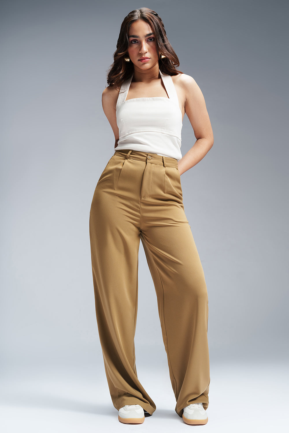 Sunlit Beige Strap Detailed Korean Pants