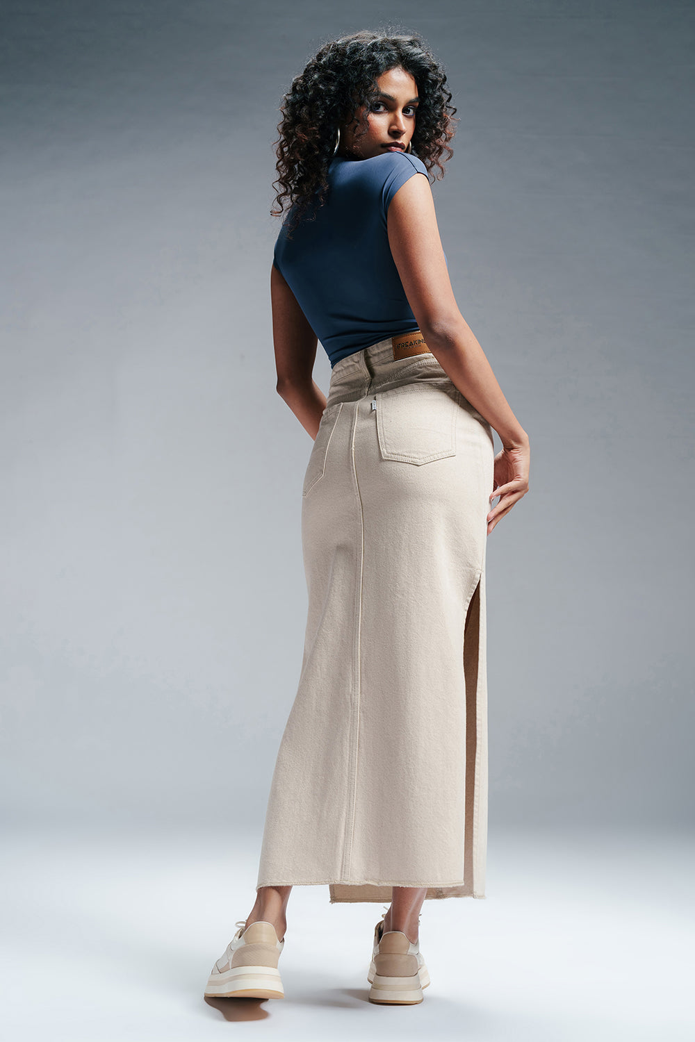 Radiant Ecru Denim Side Slit Maxi Skirt