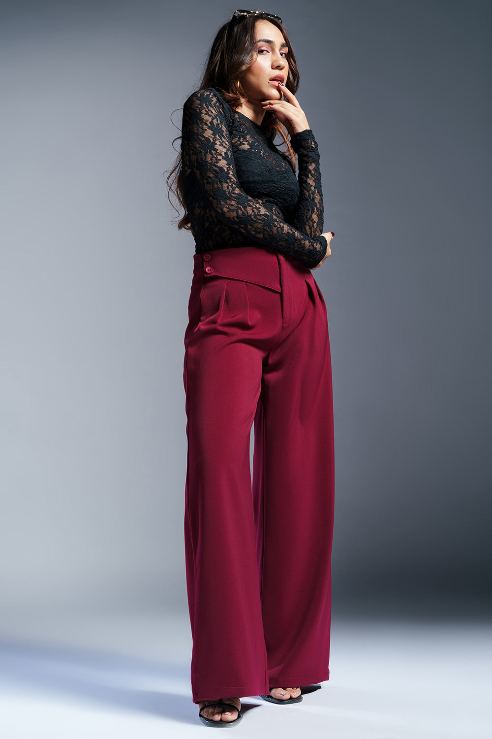 Regal Red Stylised Waist Korean Pants