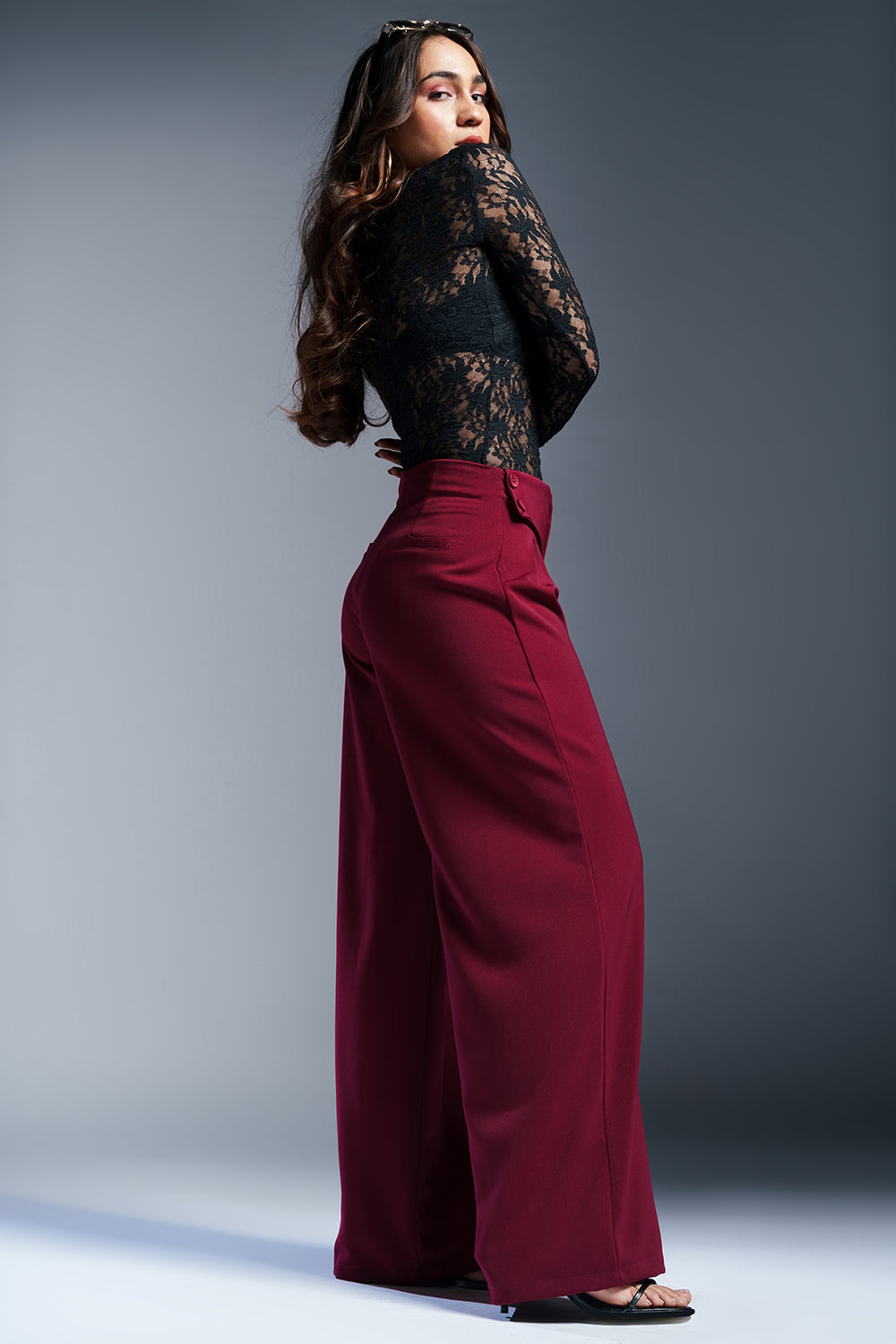 Regal Red Stylised Waist Korean Pants