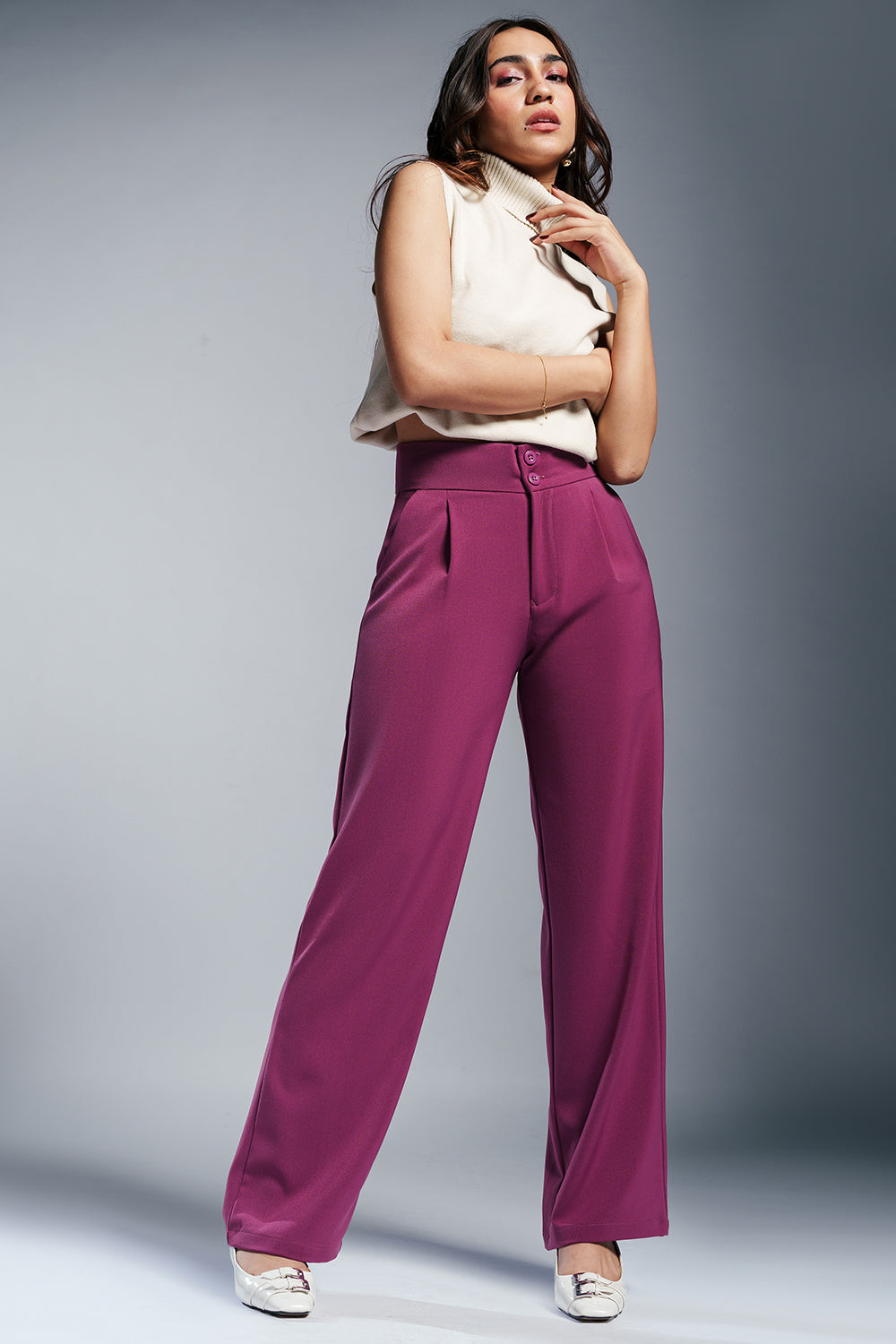 Berry Bliss Pleated Double Button Korean Pants