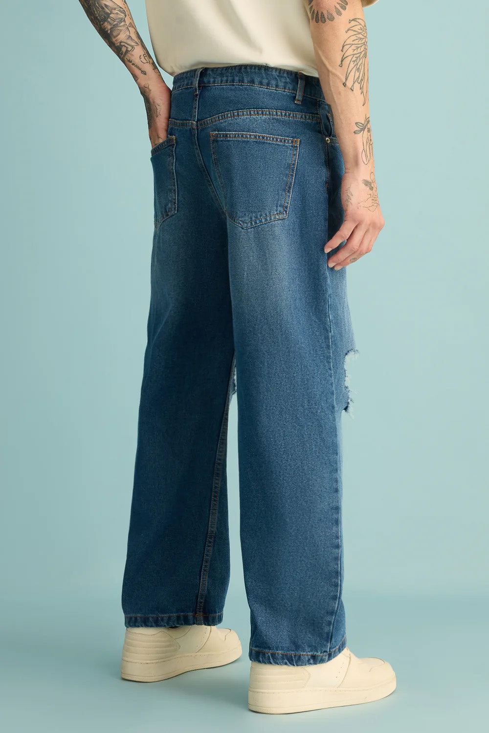 Mid Blue Distressed Men's Wide Jeans