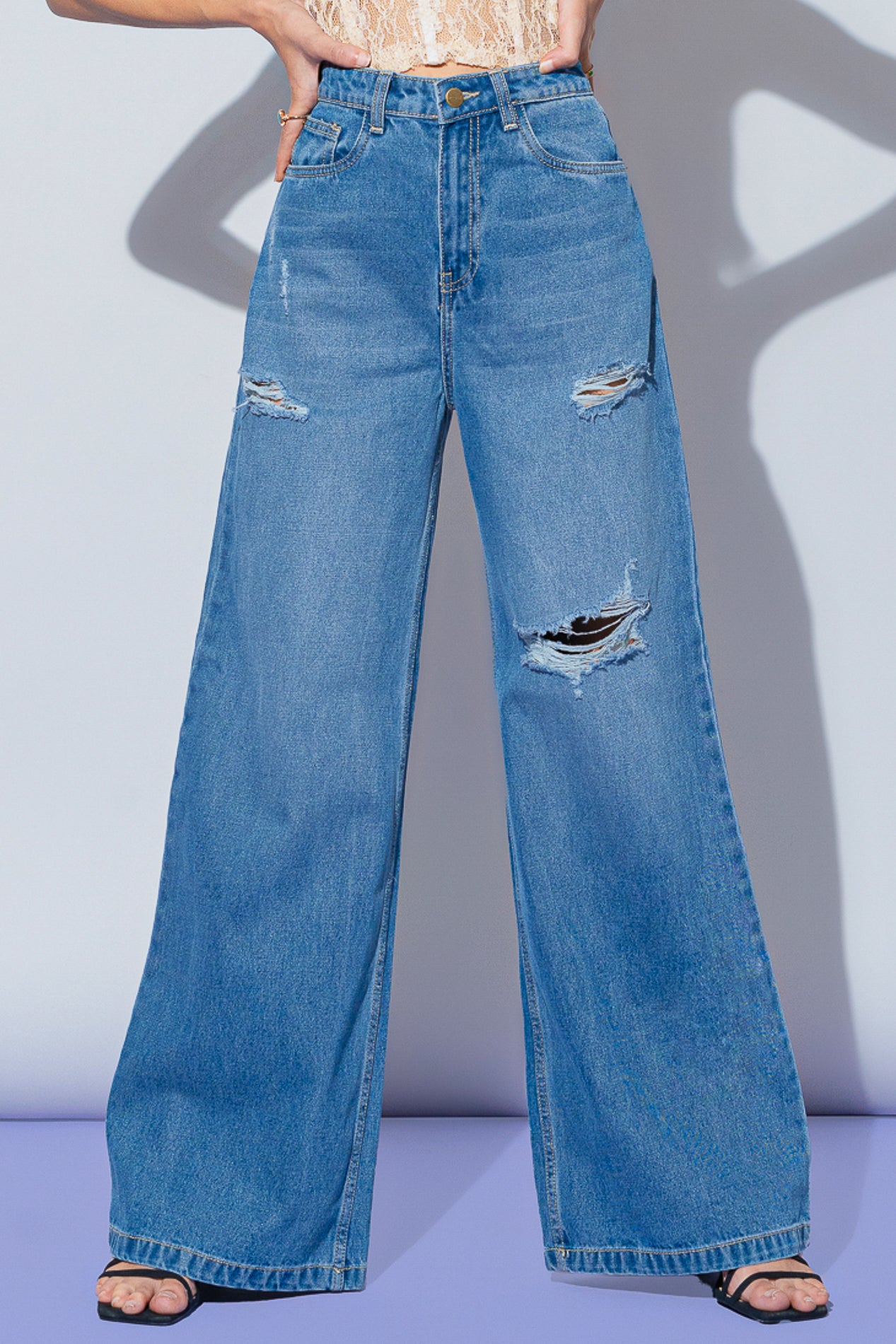 [ ] Womens Super Wide-fit Mid-blue Jeans ★人気★ Mid Blue Women's Super Wide Jeans