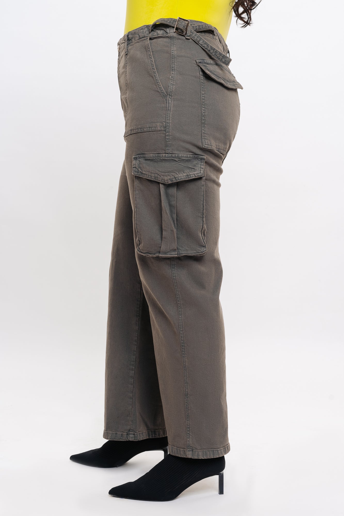 KHAKI GREY WASHED CARGO TROUSER WITH CONTRAST STITCHING
