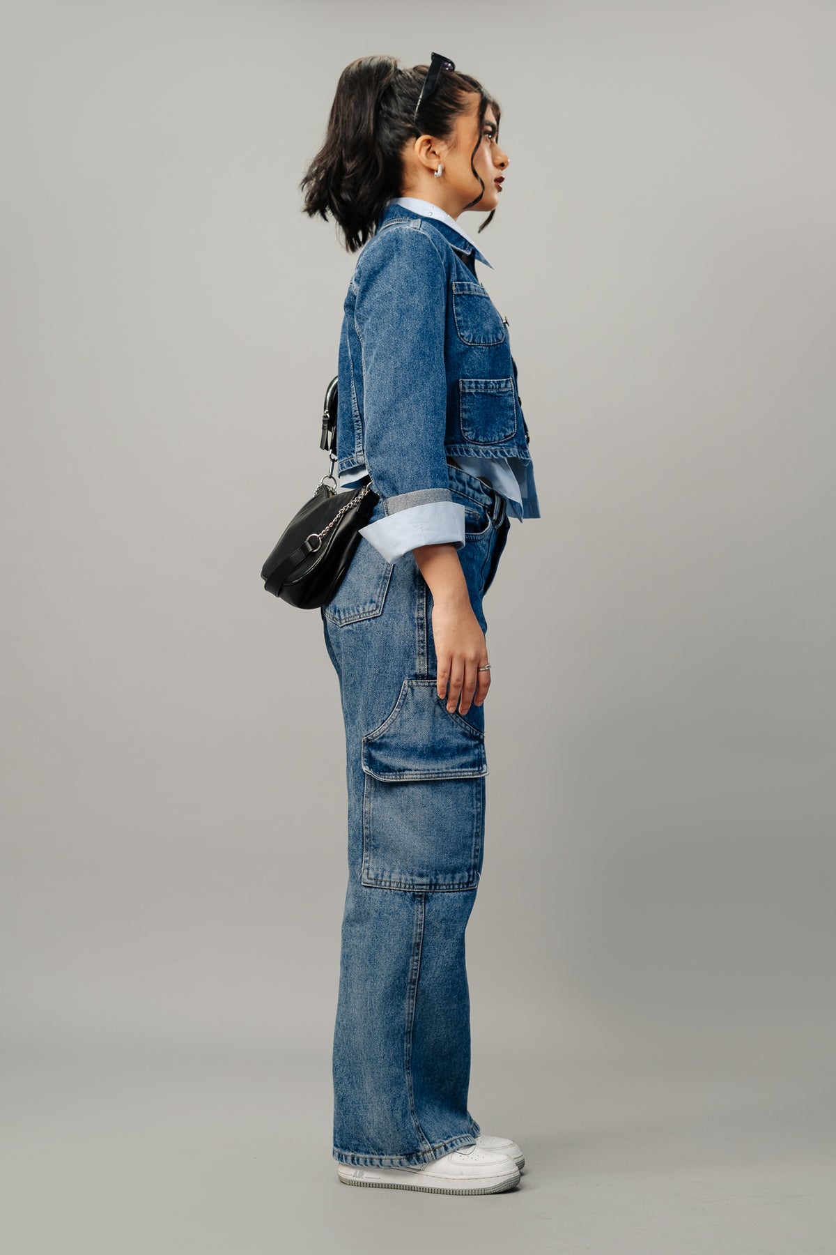 Gisel Blue Multi Flap Pocket Straight Leg Cargo Jeans