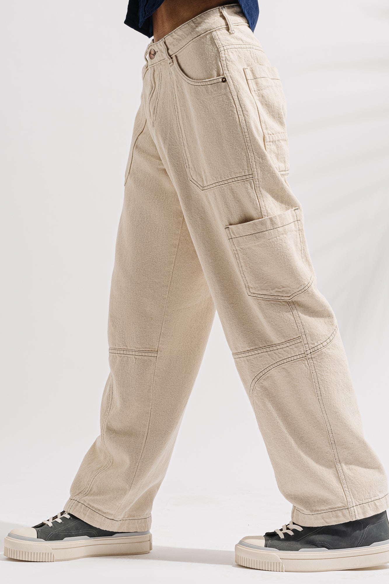Ecru Contrast Men's Baggy Straight Cargo Jeans