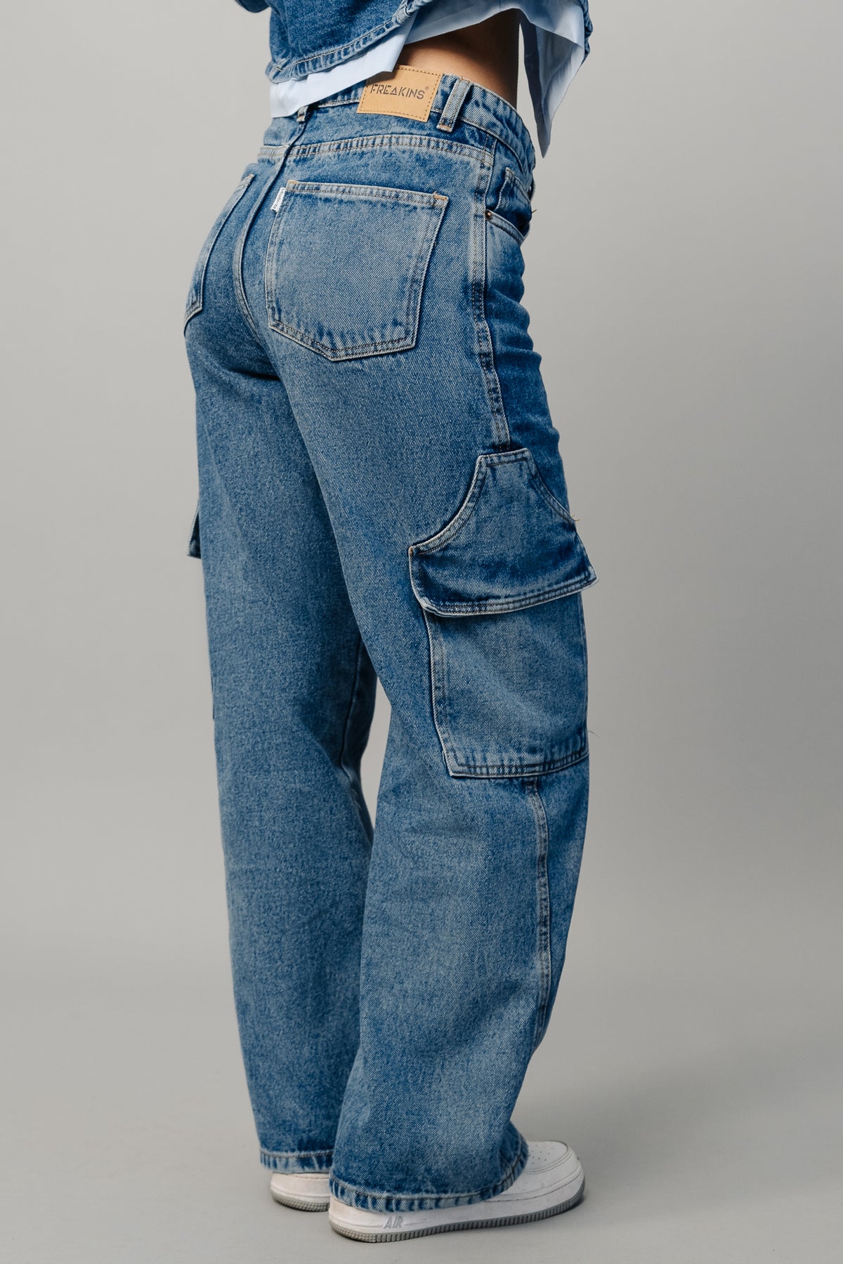 Gisel Blue Multi Flap Pocket Straight Leg Cargo Jeans