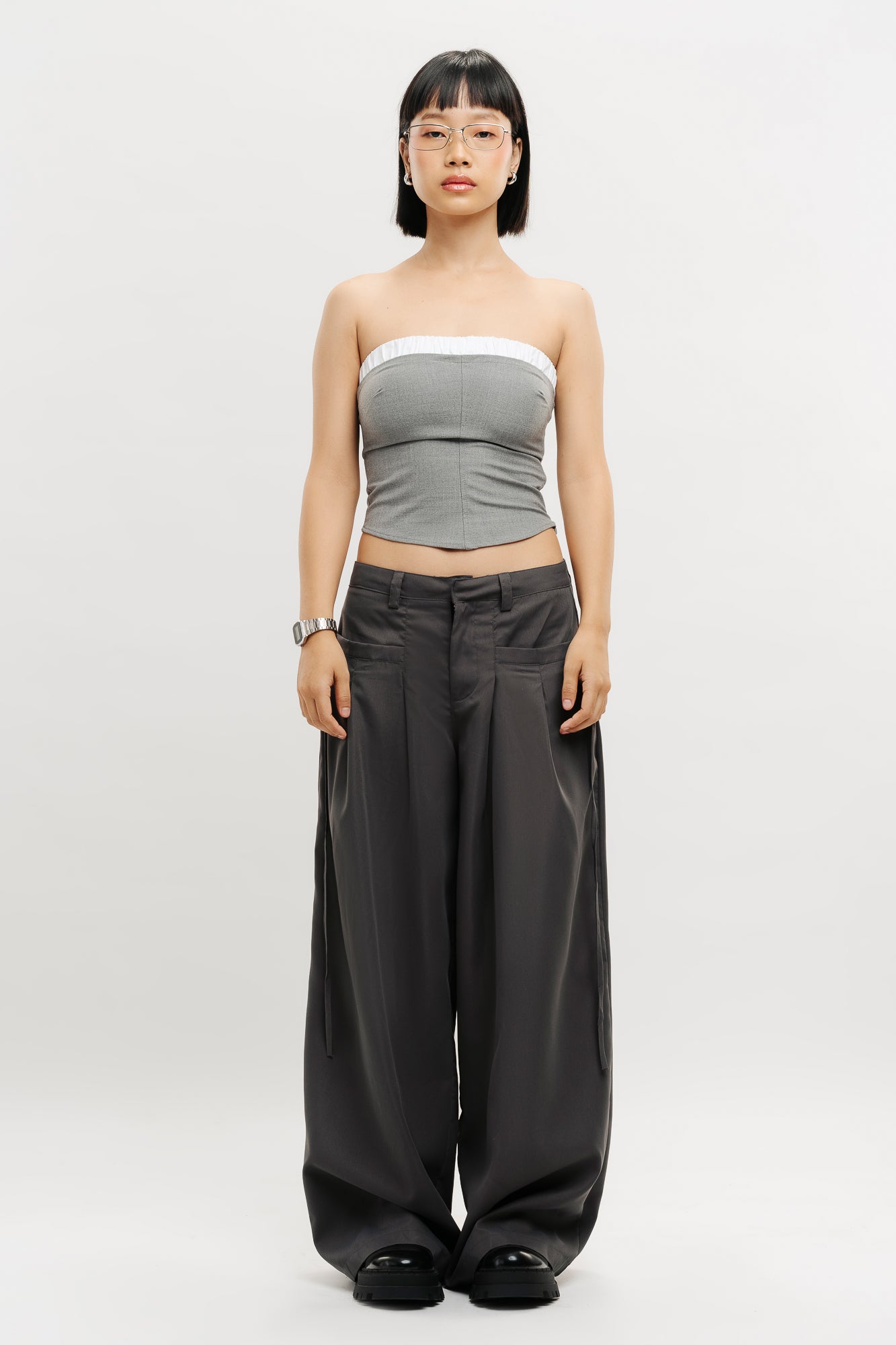 GREY MUAVE FRONT PLEATED PANTS