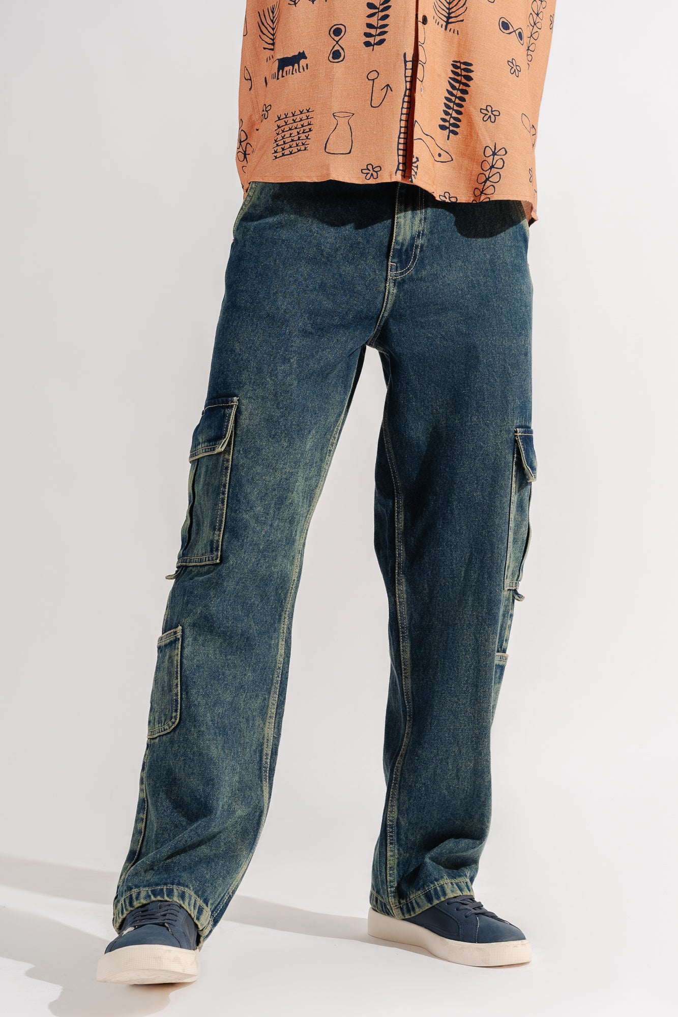 Blue Side Pocket Men's Baggy Straight Cargo Jeans