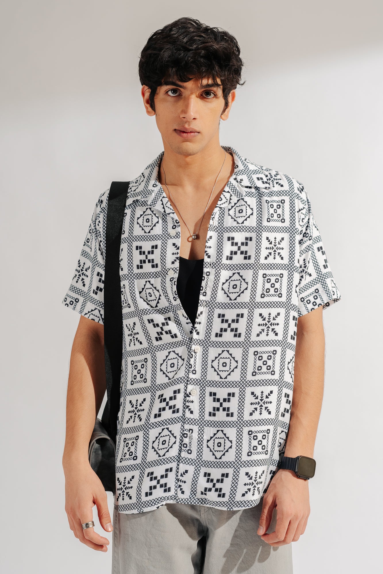 White Printed Men's Viscose Shirt