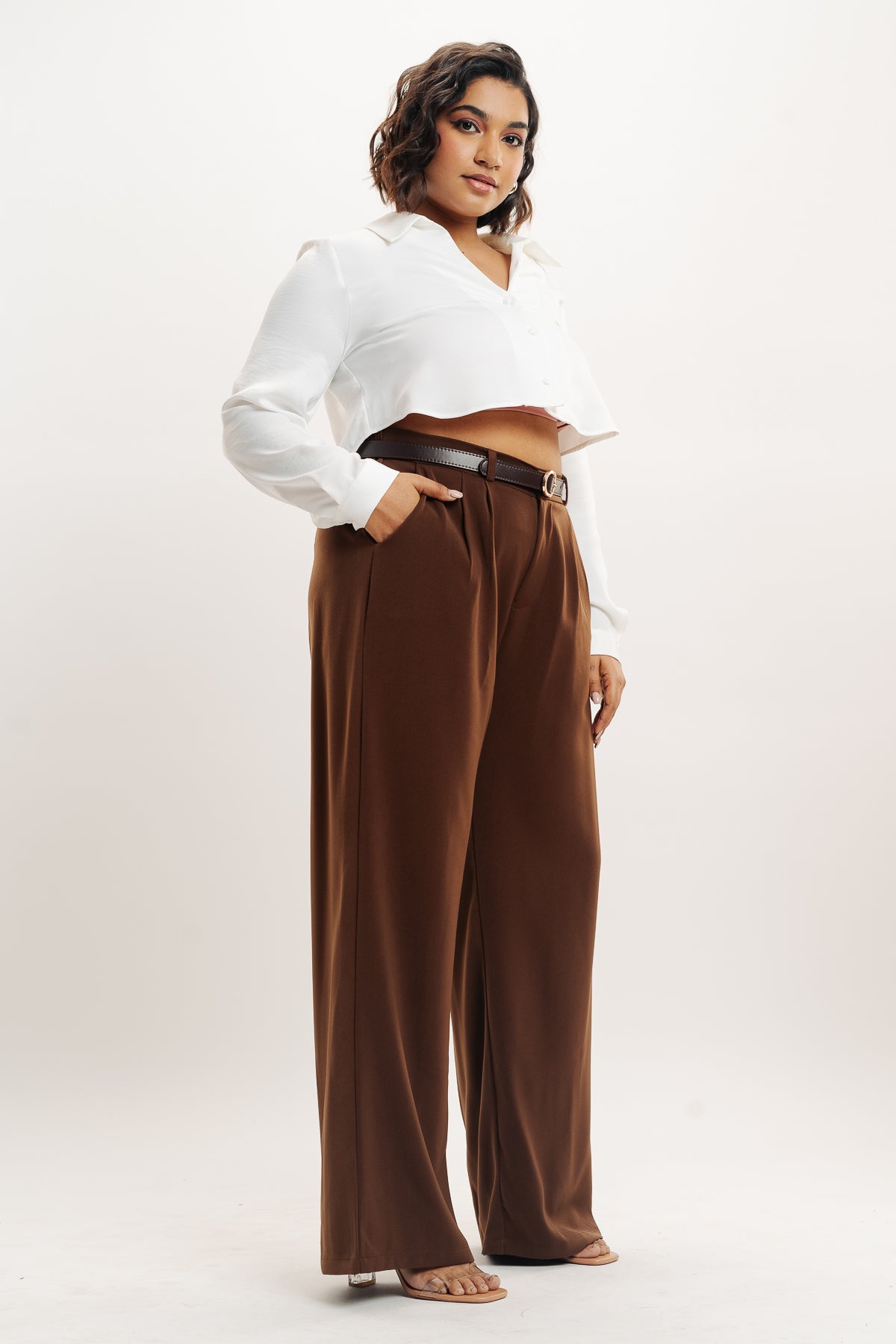 BROWN PLEATED STRAIGHT FIT CURVE KOREAN PANTS