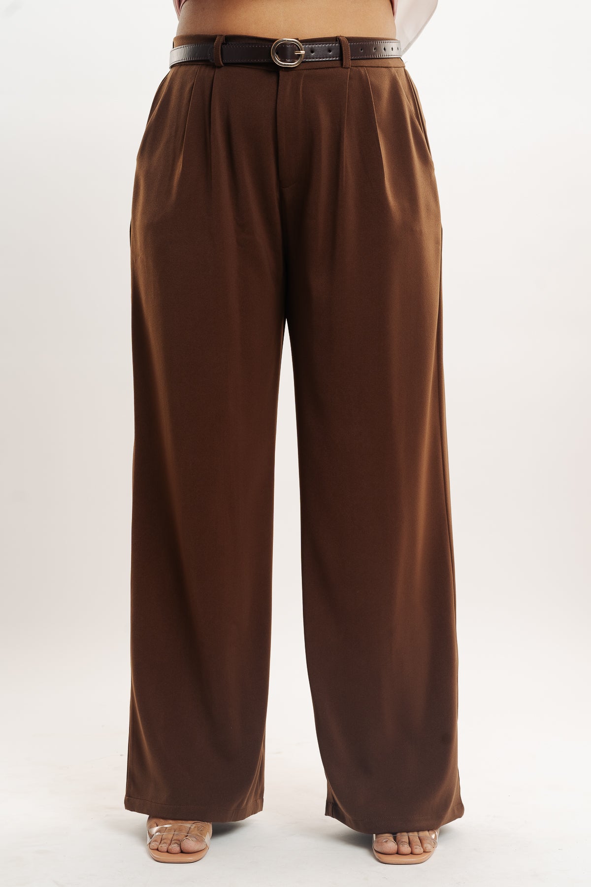 BROWN PLEATED STRAIGHT FIT CURVE KOREAN PANTS