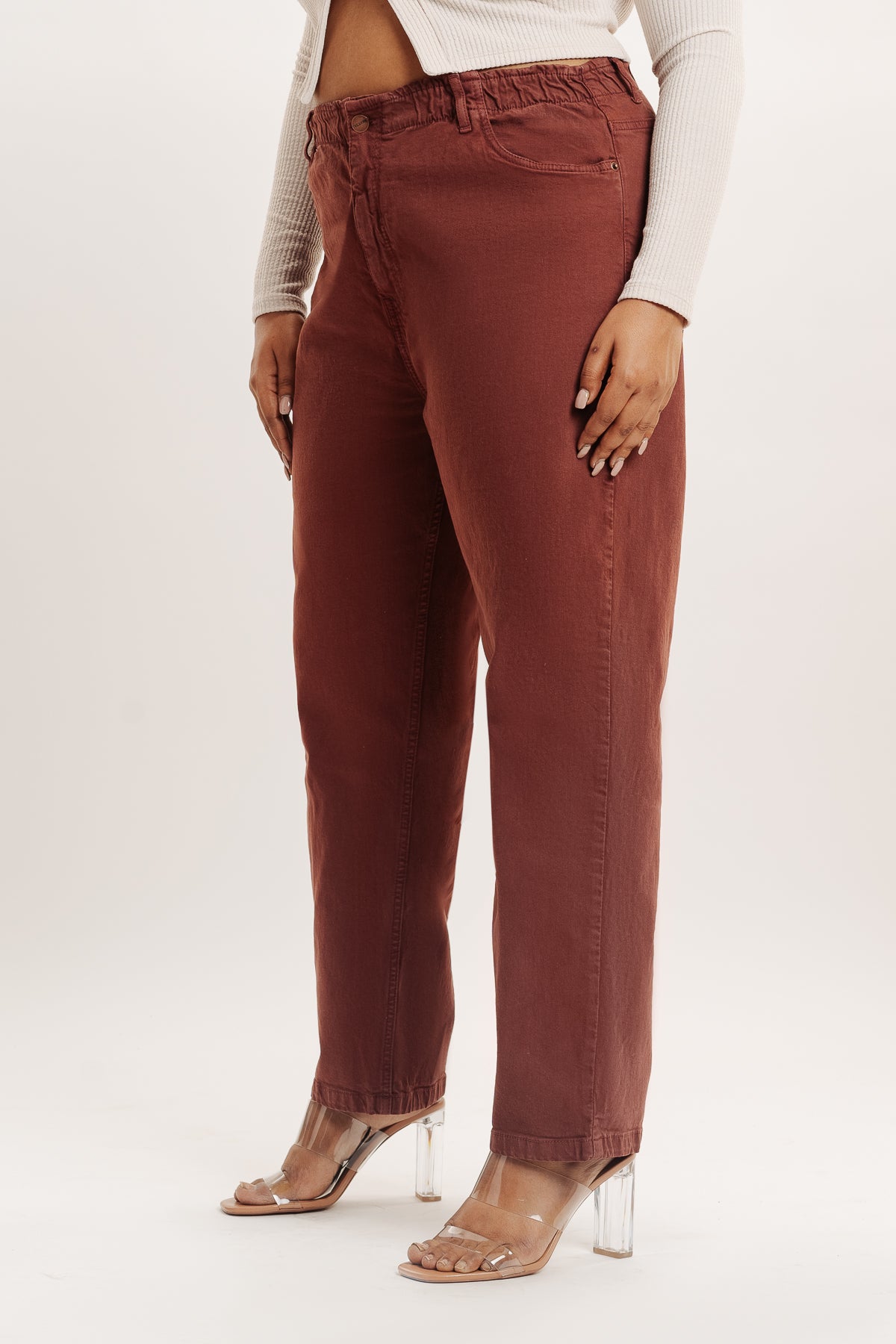 CURVE BROWN ELASTICATED MOM JEANS