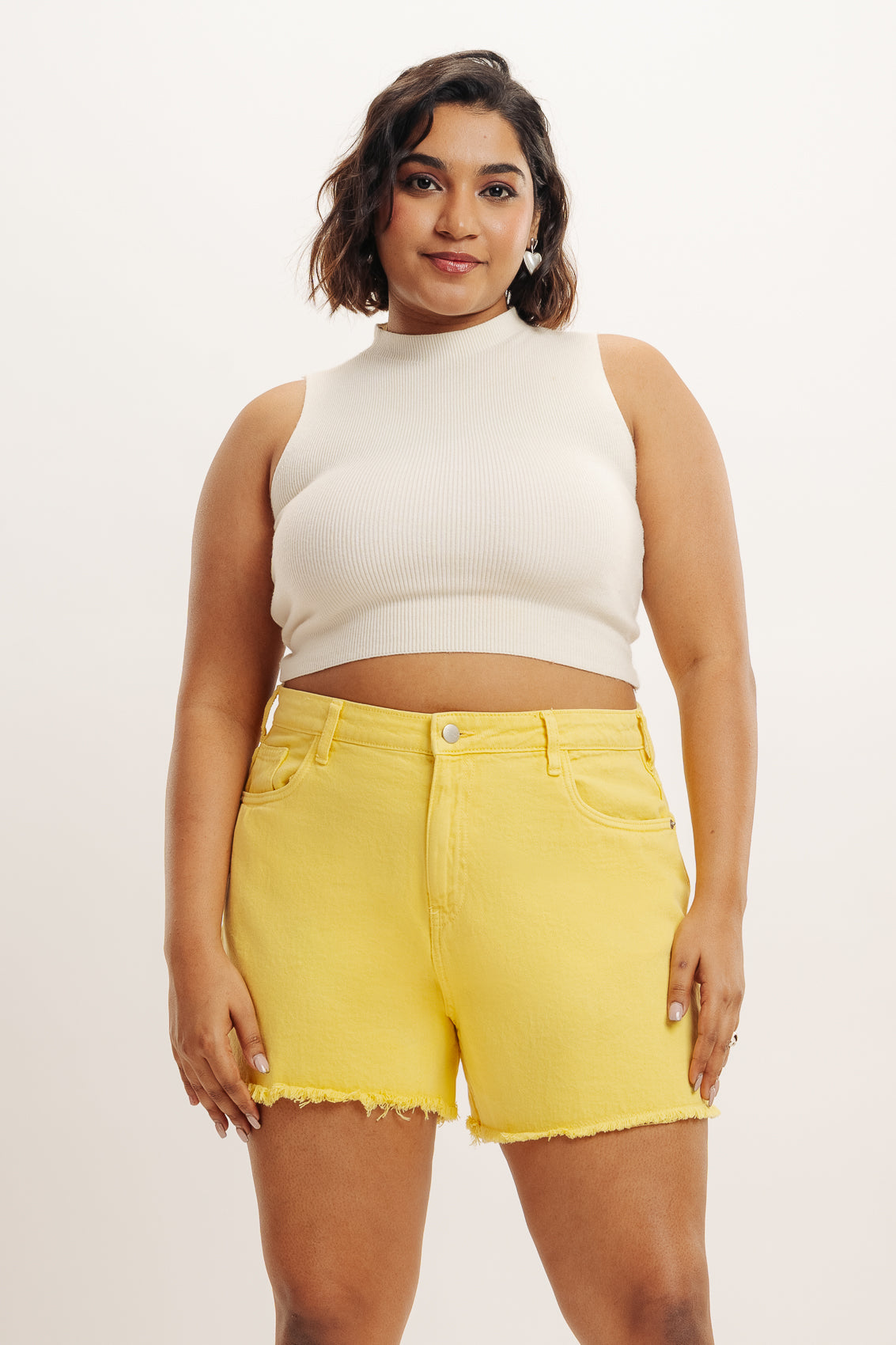 Curve Yellow Frayed Hem Denim Shorts