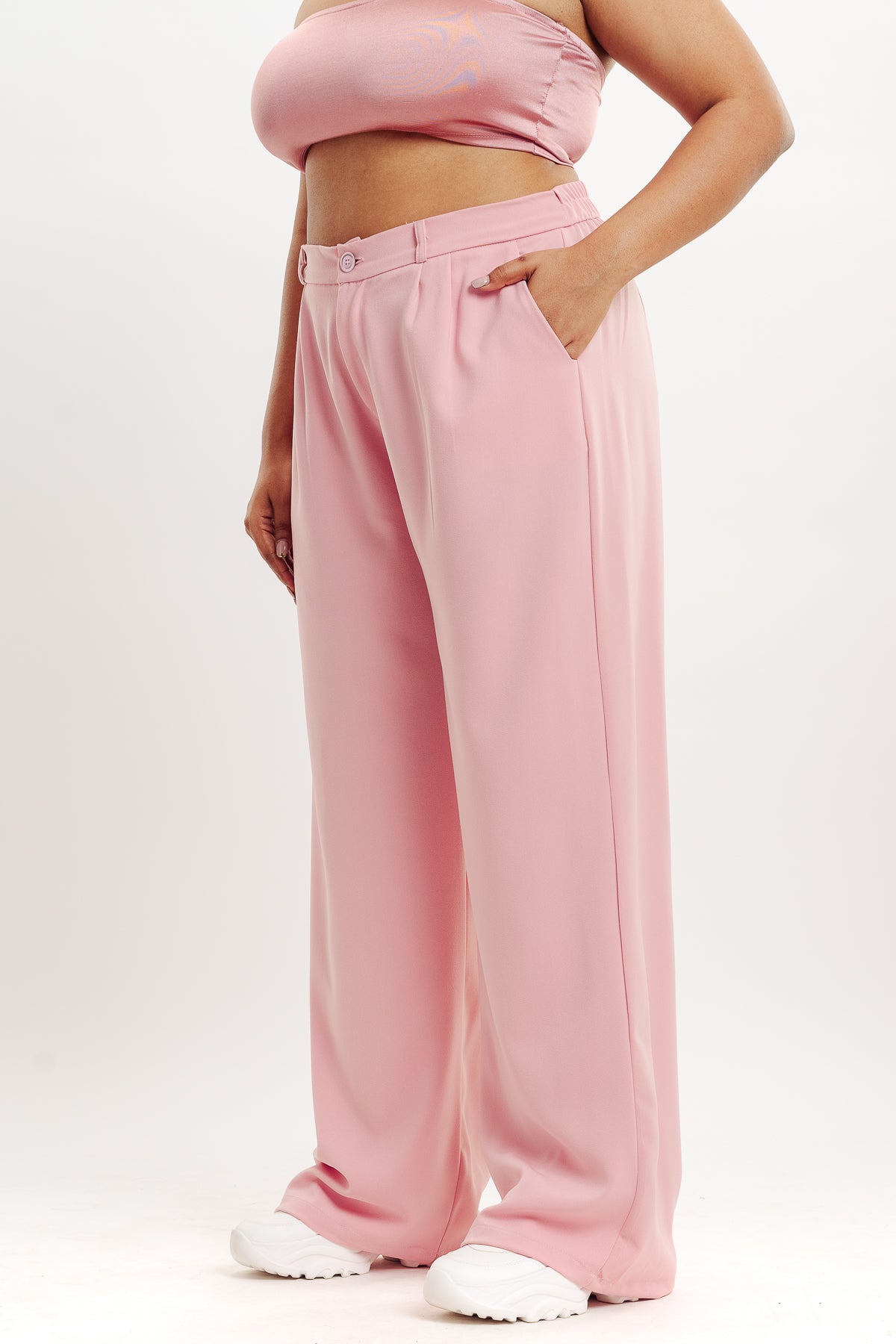 BABY PINK PLEATED STRAIGHT FIT CURVE KOREAN PANT
