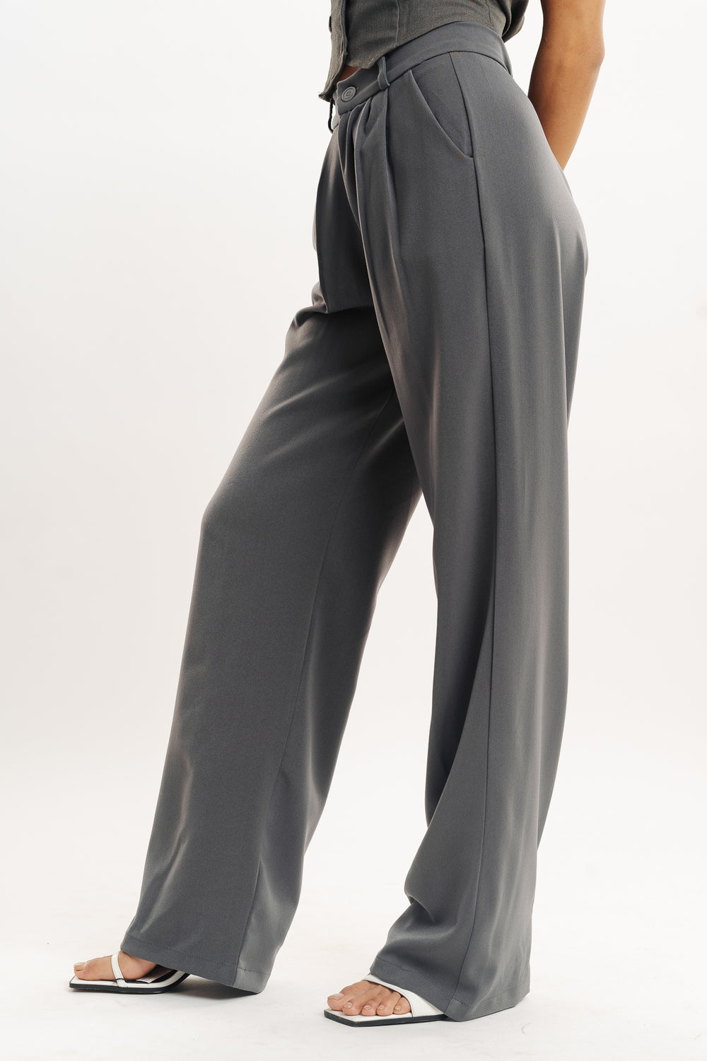 Women Grey Contrast Paperback Waist Korean Pants