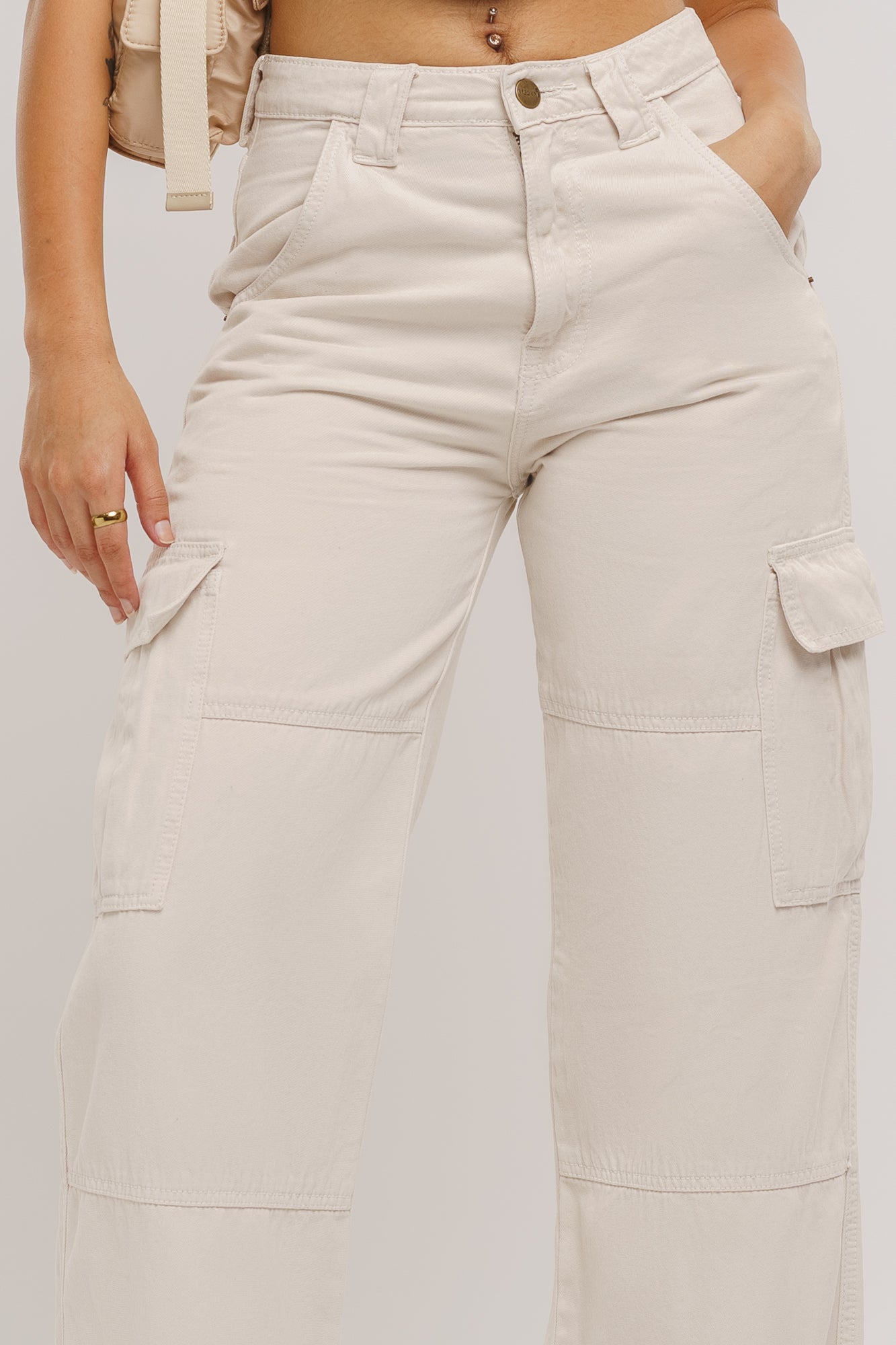 Women Wide Leg Jeans: Beige, Cream Cargo Flared Jeans