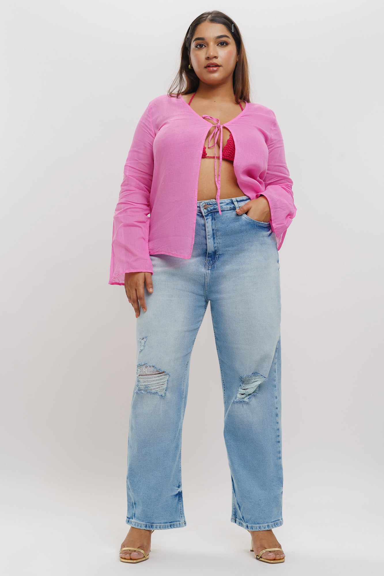 Curve Blue Distressed Straight Jeans
