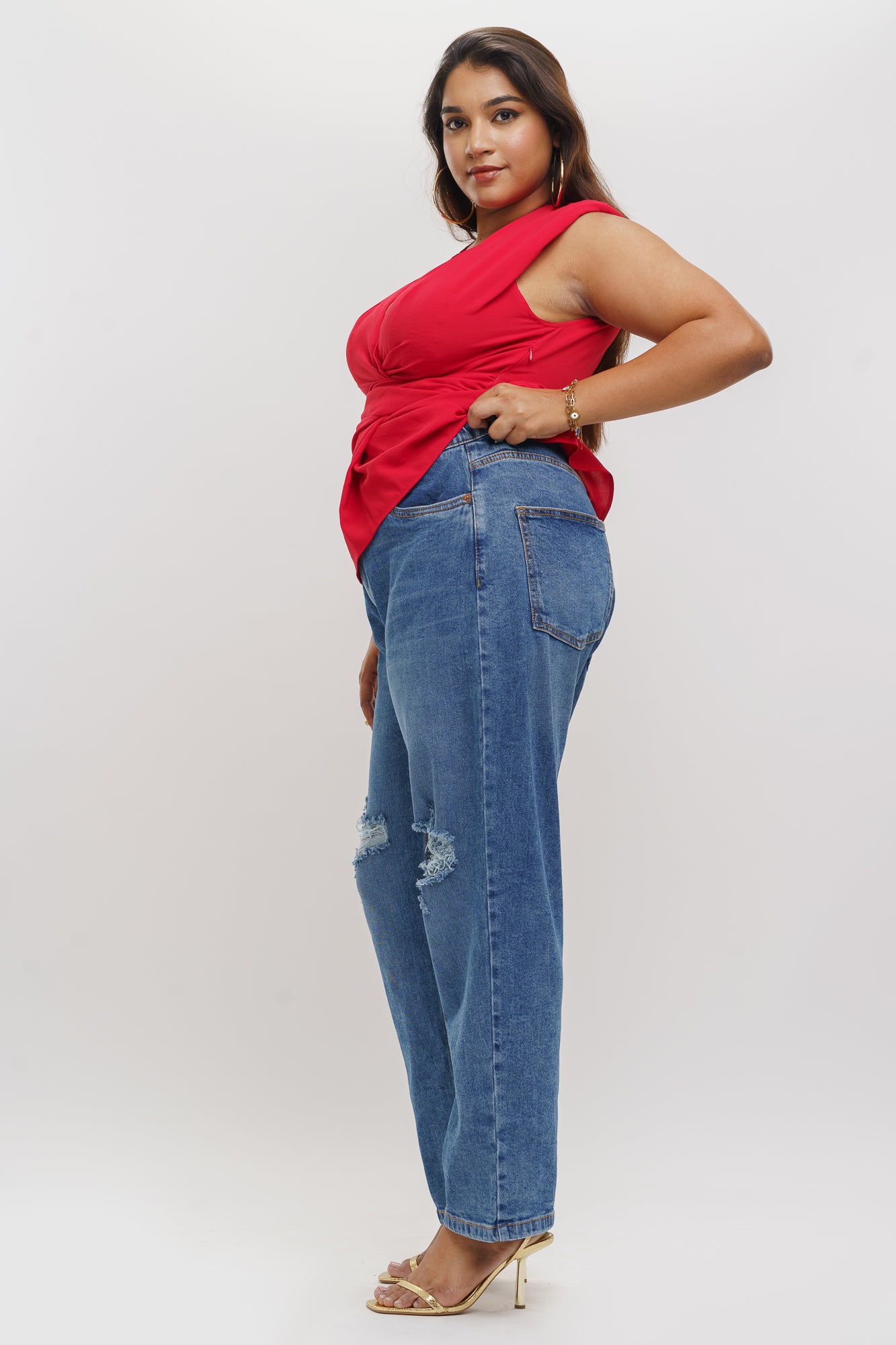 ELASTICATED HEAVY DISTRESSE MOM JEANS