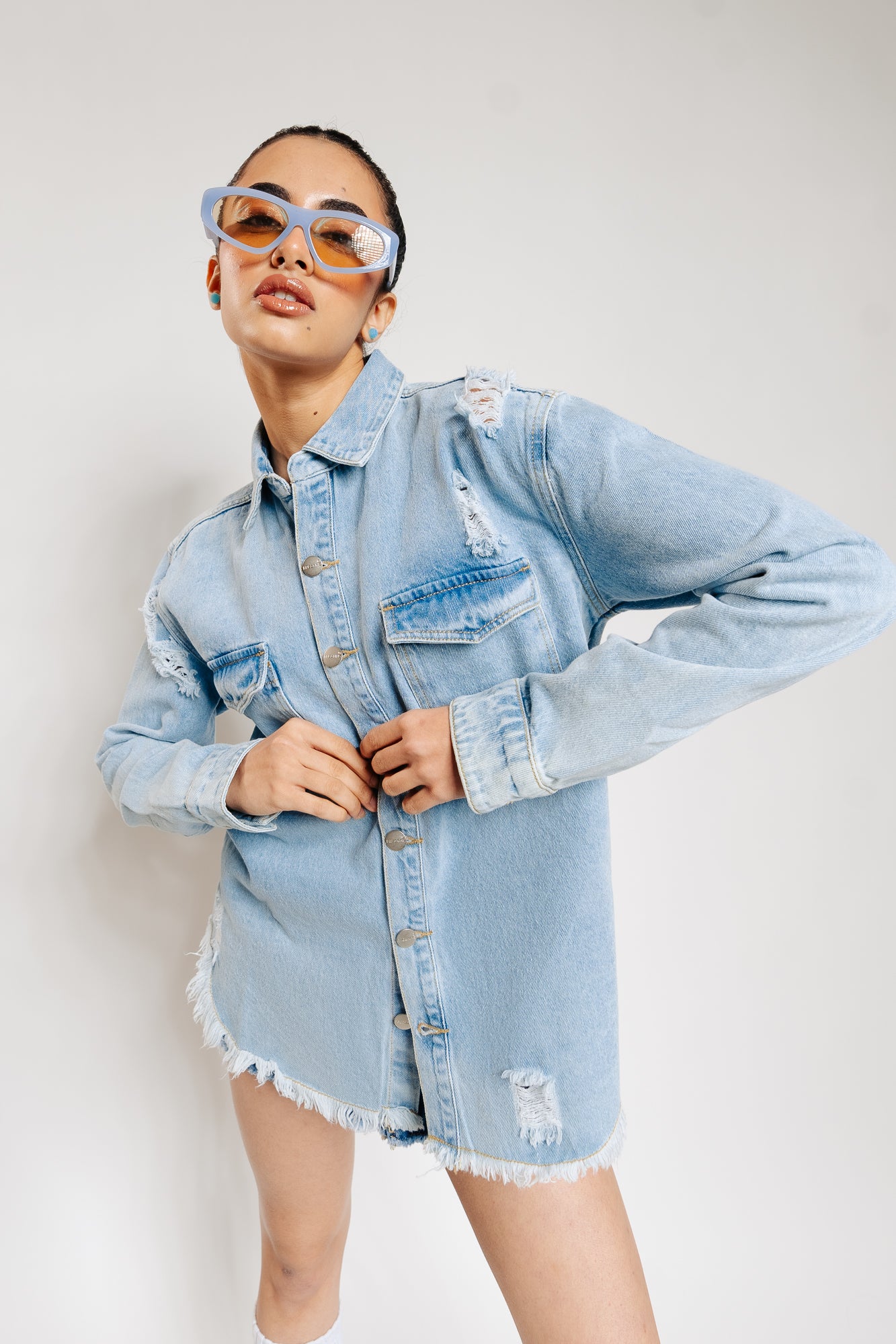 Oversized distressed outlet denim shirt