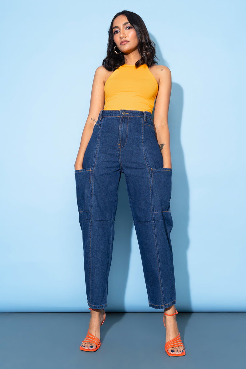 Dark Blue Side Pocket Women's Baggy Slouchy Jeans