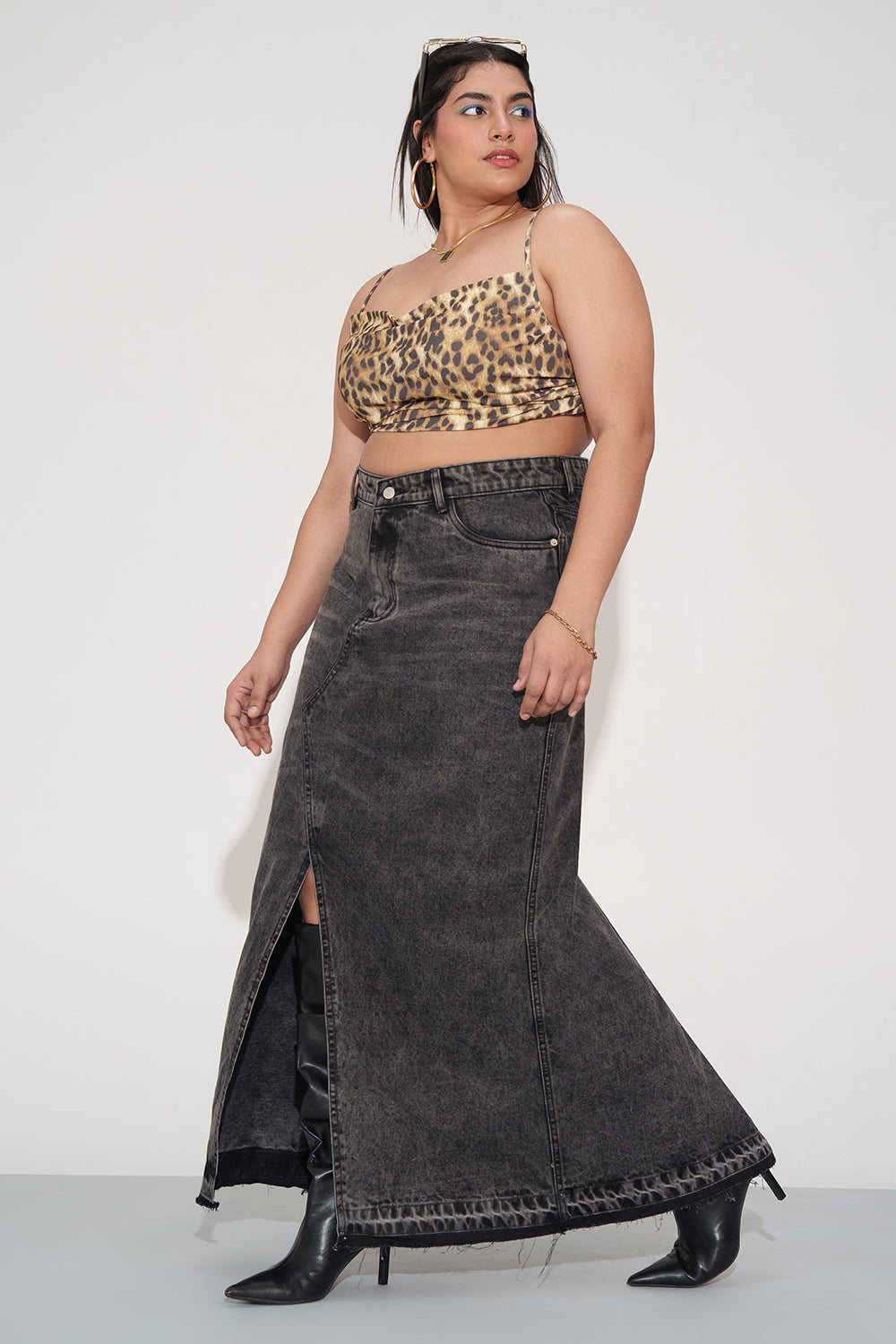 Spruce Black Curve Mid Slit Maxi Skirt